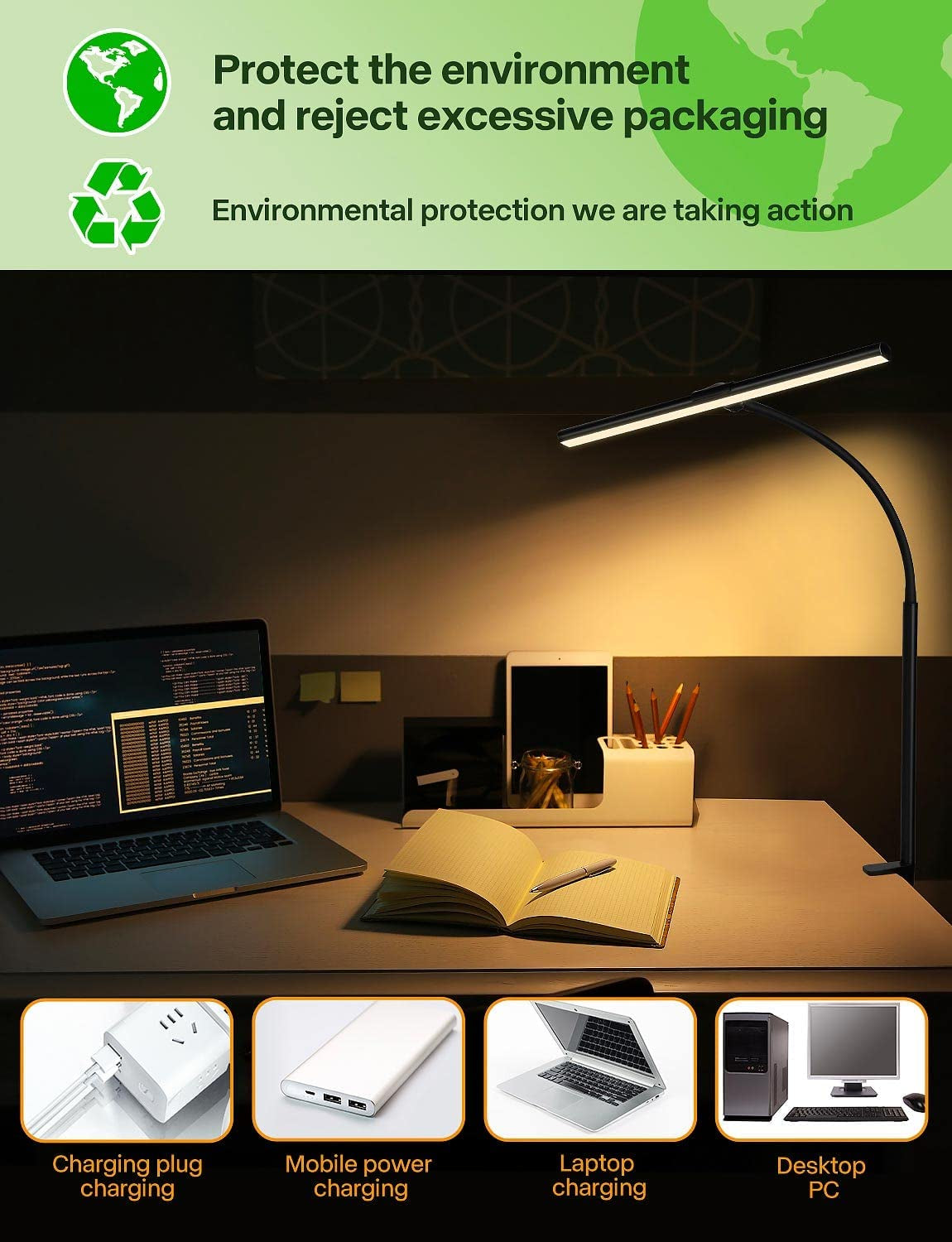 Adjustable LED Desk Lamp with 25 Lighting Modes - Eye-Caring Architect Task Lamp with Flexible Gooseneck Clamp (Black)