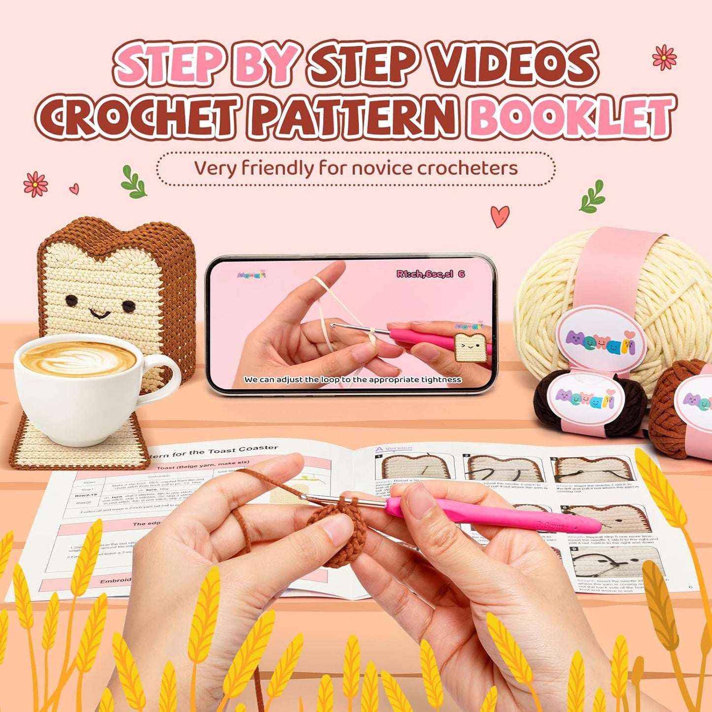 Beginner Crochet Kit Level 1: Toast Coaster with 40% Extra Pre-Started Easy Yarn and Step-by-Step Video Tutorials for Adults and Kids