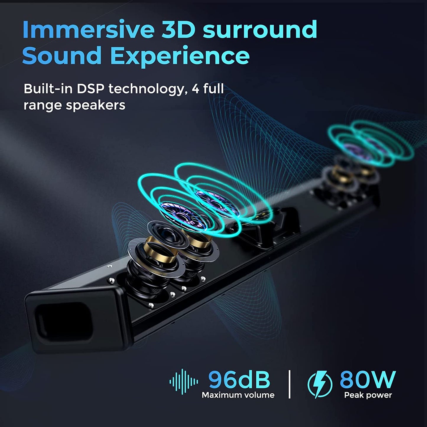 5.0 Soundbar for TV and Home Theater Audio with Dynamic Bass, 3D Surround Sound, Dialogue Enhancement, and Multiple Connectivity Options, Wall Mountable