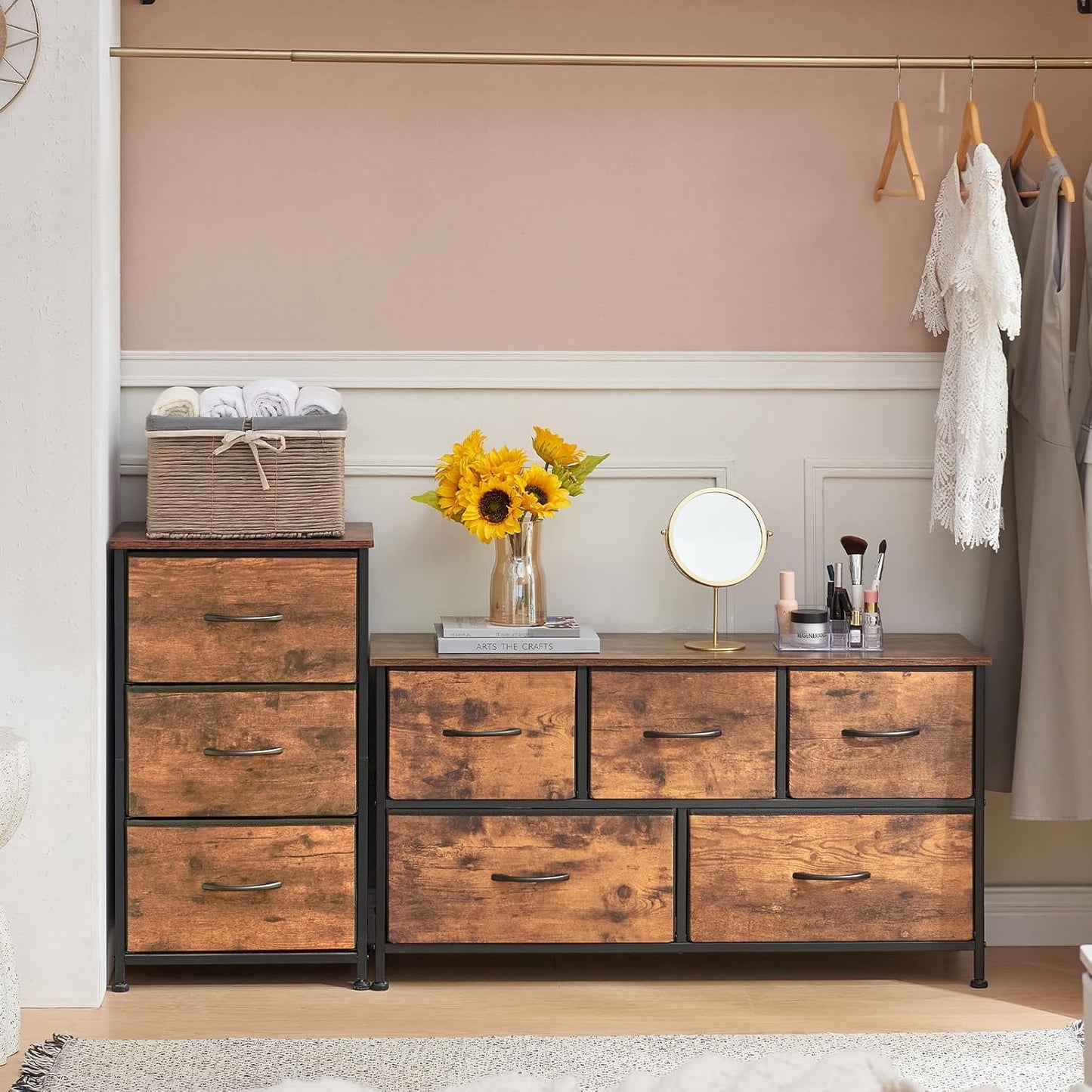 5-Drawer Dresser with Fabric Bins - Versatile Storage Organizer - Wood Grain Finish