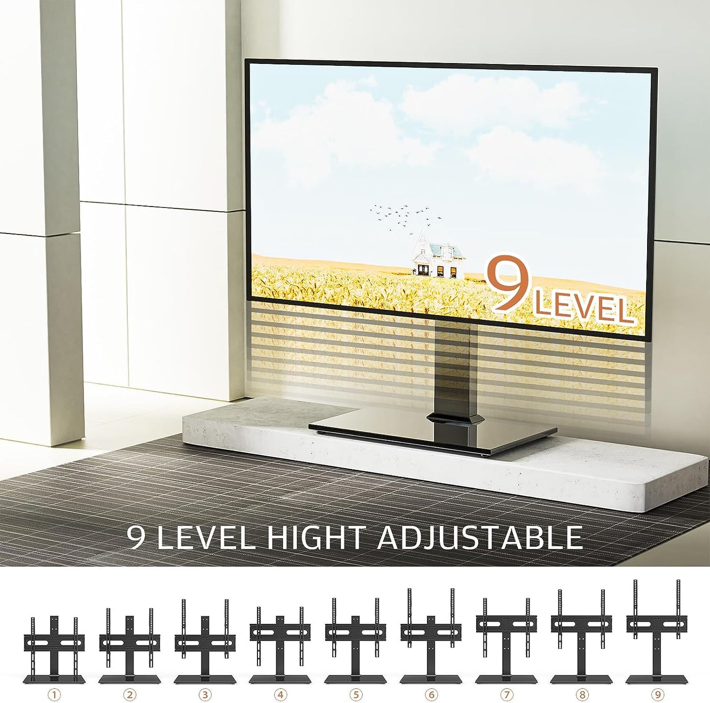 Universal Table Top TV Stand for 27-60 InchTVs - Height Adjustable with Tempered Glass Base and Wire Management, VESA 400x400mm