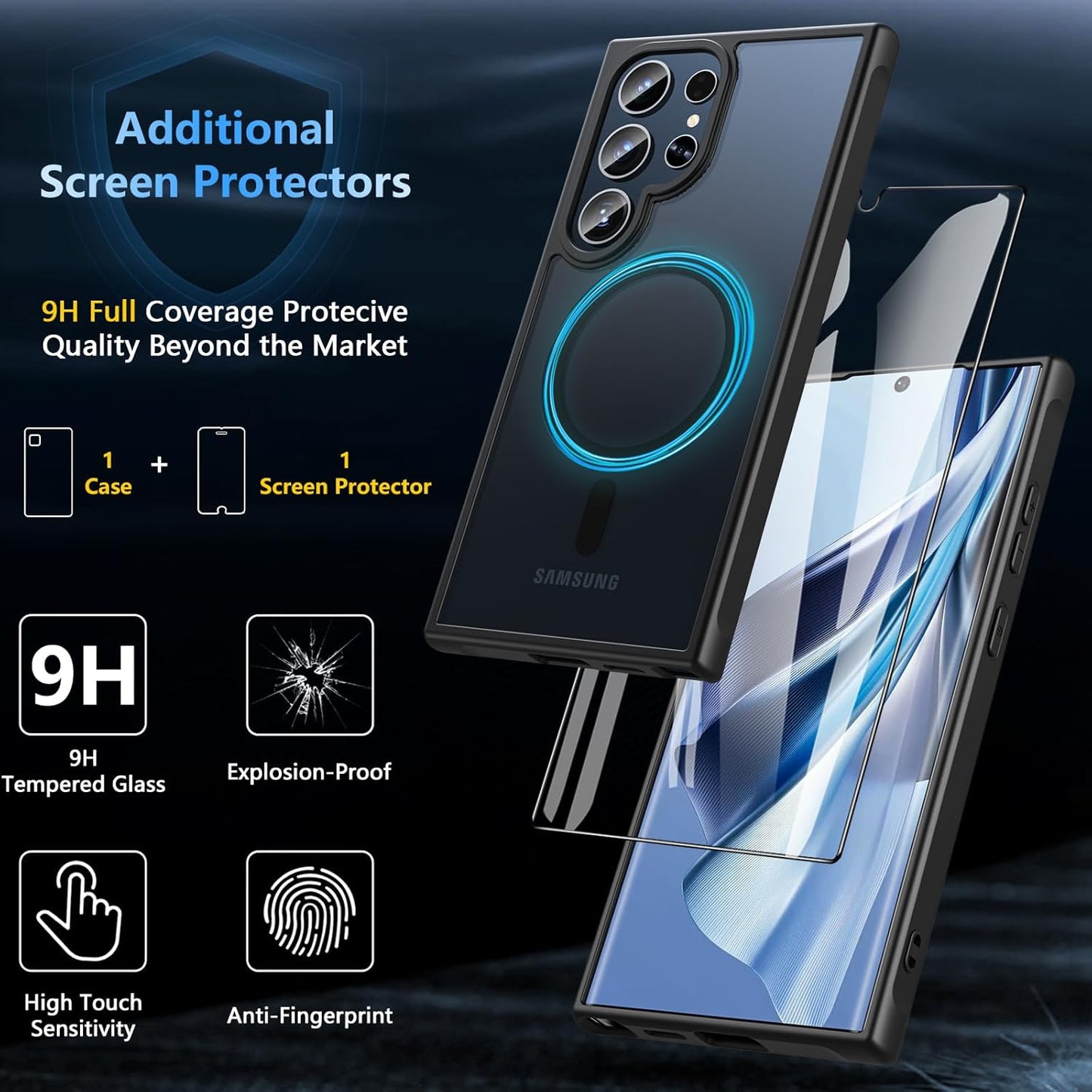 Samsung Galaxy S24 Ultra Case with Screen Protector - Magnetic Shockproof Translucent Matte Back Bumper Cover, Black