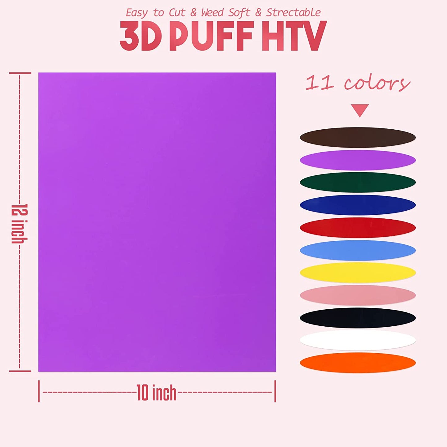 Puff Vinyl Heat Transfer Sheets - 11 Pack of 12 x 10 Inches 3D Foaming HTV for T-Shirt Design