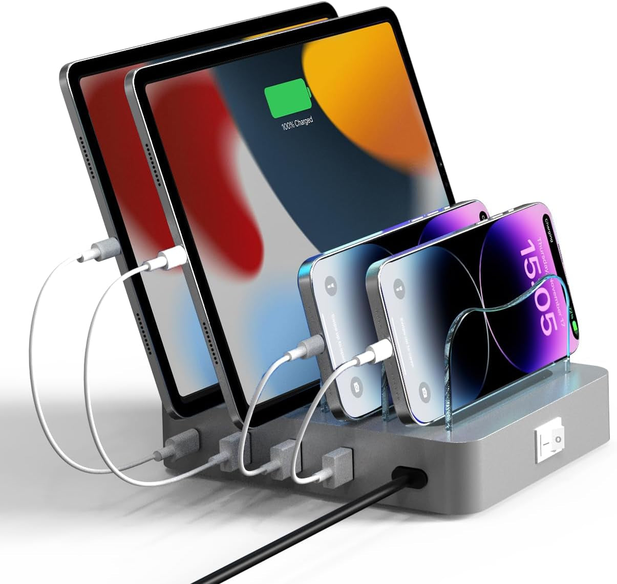 4-Port USB Charging Station and Organizer for Phones, Tablets, and Electronics - Detachable Desktop Docking Solution