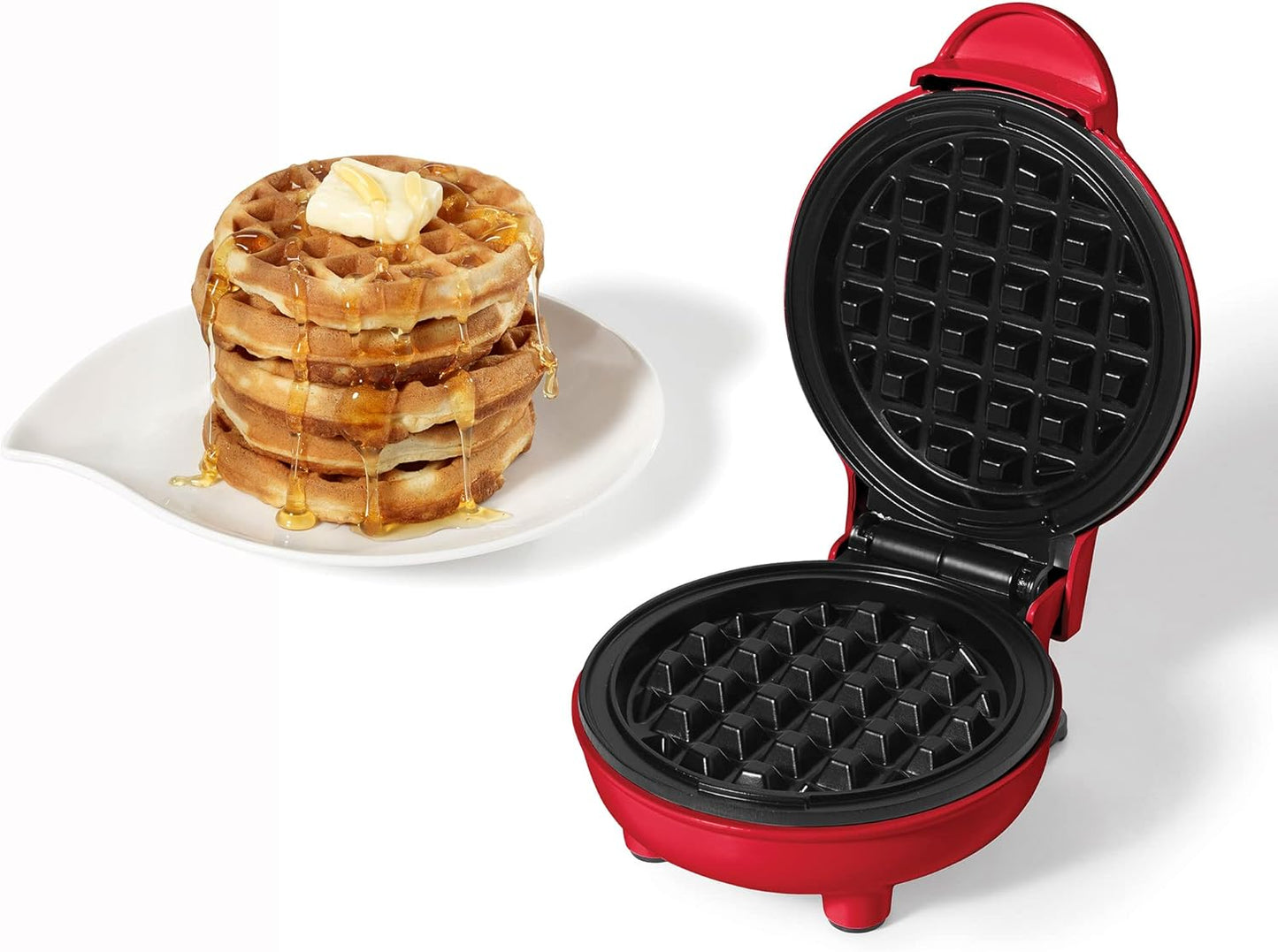 Electric Mini Waffle Maker with 4-Inch Non-Stick Cooking Surface - User-Friendly and Easy to Clean - Red - 350W