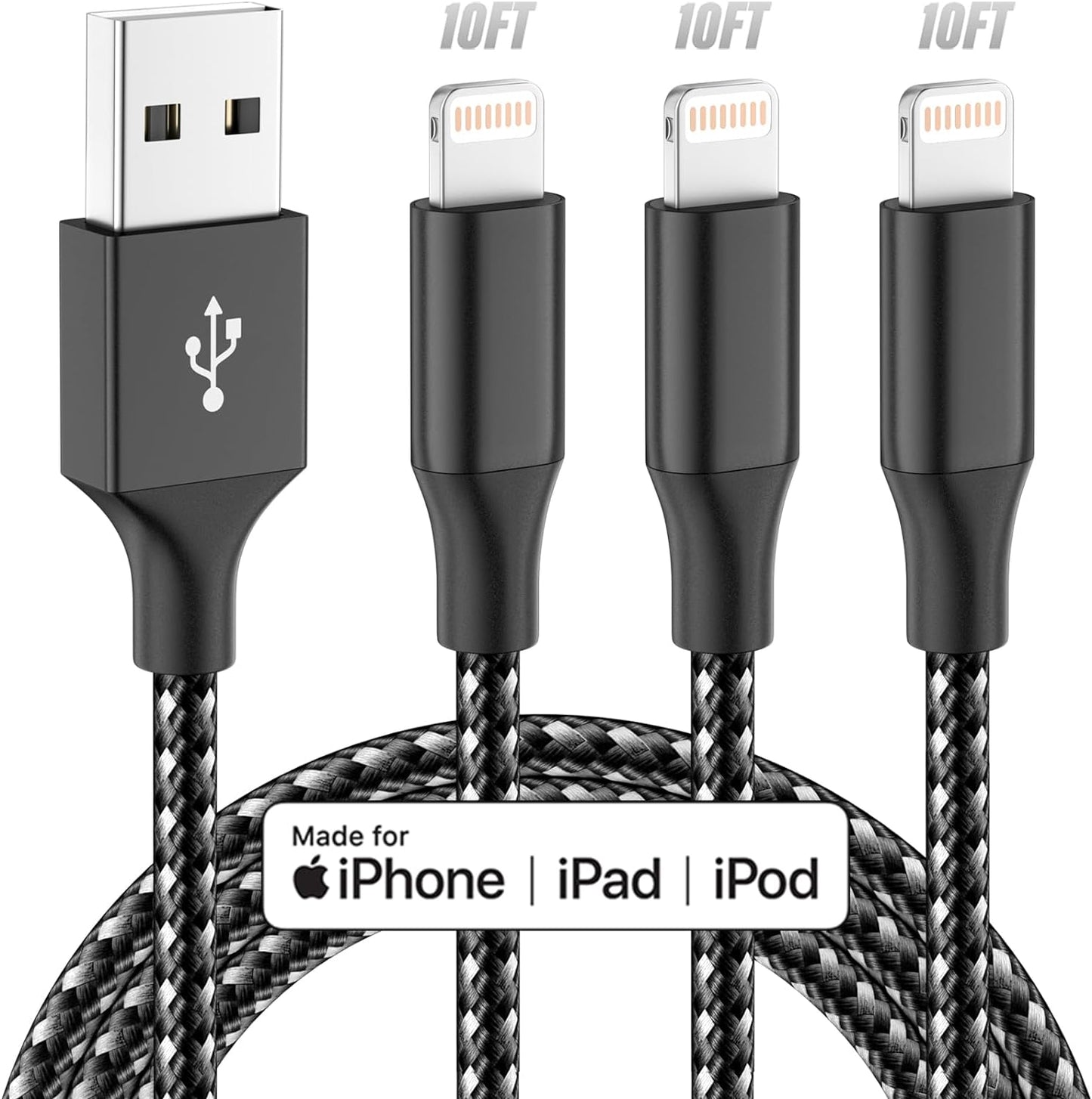 Apple MFi Certified 3-Pack 10FT Lightning Cable - Fast Charging, High-Speed Data Sync USB Cable Compatible with iPhone(Grey/White)
