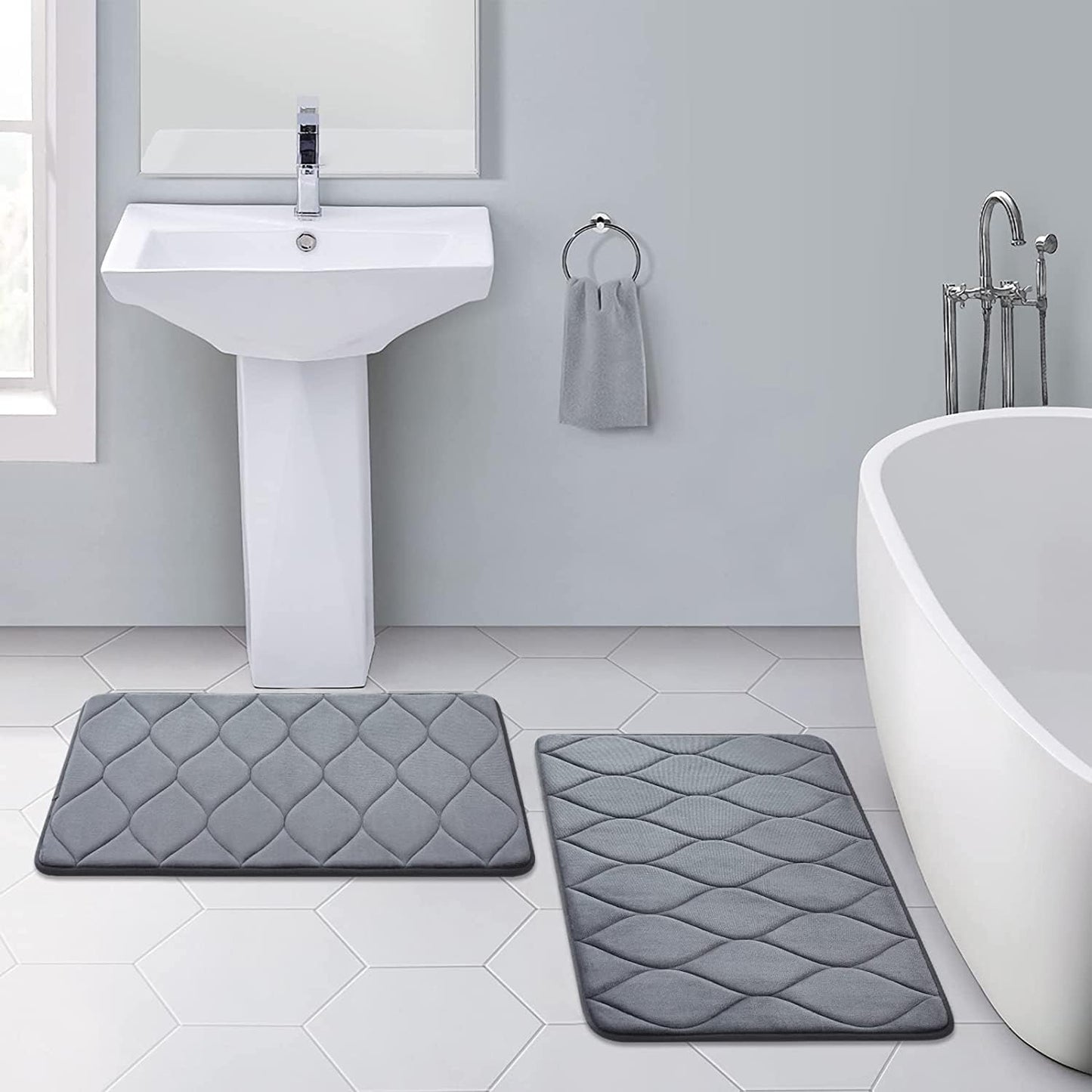Memory Foam Bath Mats - Soft, Non-Slip, Water-Absorbent, Machine Washable Bathroom Rugs, 24" x 16", Dark Grey