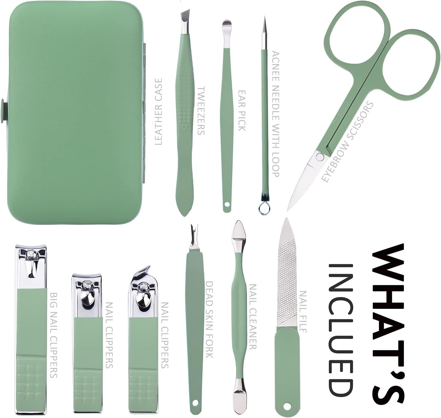 10-in-1 Stainless Steel Manicure Set - Portable Travel Grooming Kit for Men and Women with Leather Case (Jade Green)
