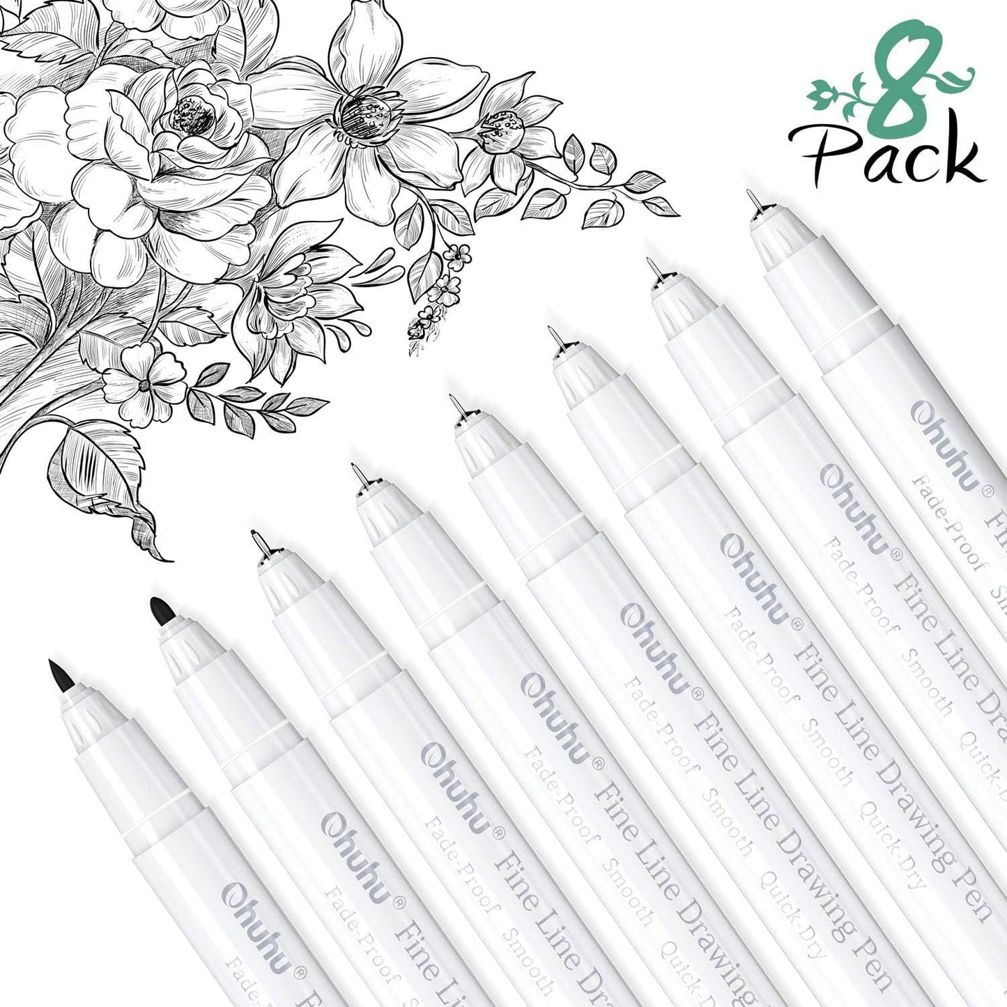 Black Fine liner Drawing Pen Set - 8 Ultra Fine Line Markers-Assorted Tip Sizes, Incl 7 Fine Tips,1 Brush Tip