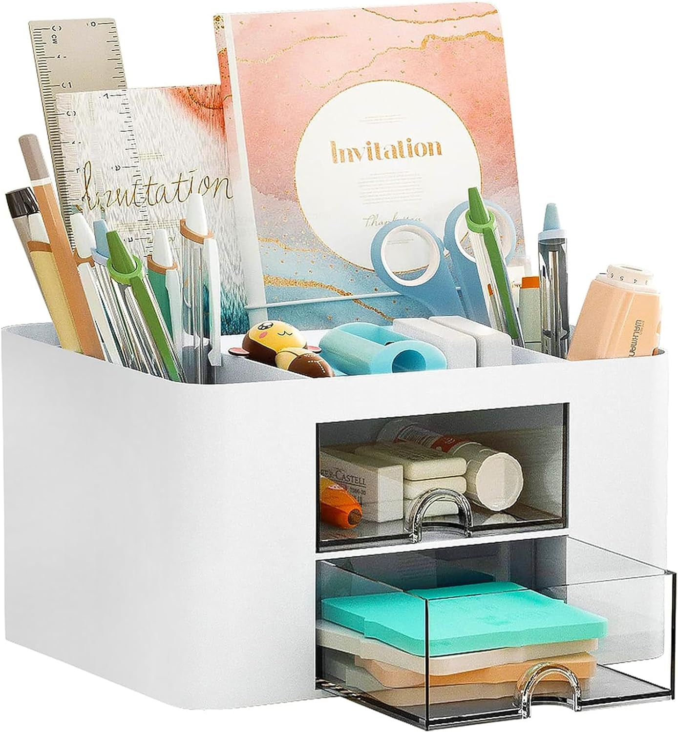 4-Section Drawer Organizer with Dual Pen Holders for Desktop Storage - Versatile Plastic Makeup and Desk Organizer for Home, School, and Office Supplies (White)