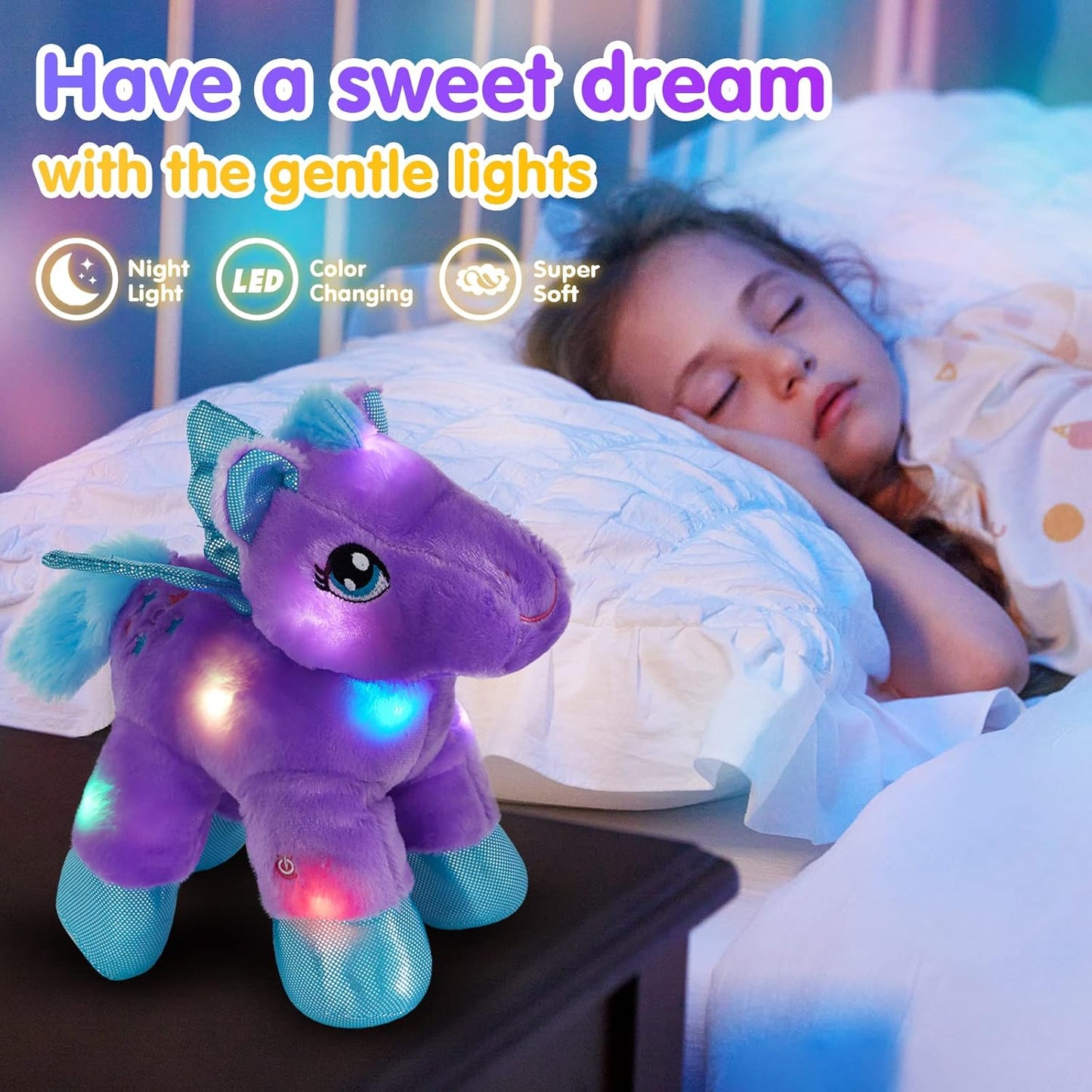 LED Pegasus Stuffed Animal Glow Unicorn Soft Toys, Nightlight Companion Gifts, 11'', Purple