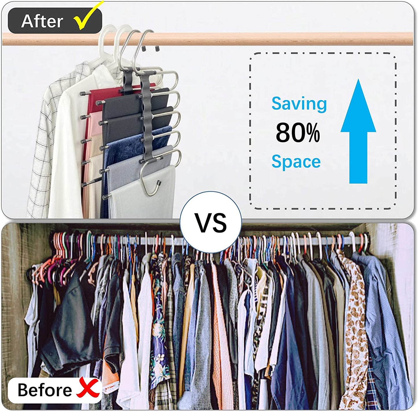 Space-Saving Magic Pants Hangers - 2-Pack Multi-Layer Rack Organizer - Trousers, Scarves, and Slacks Qty 10 Clips