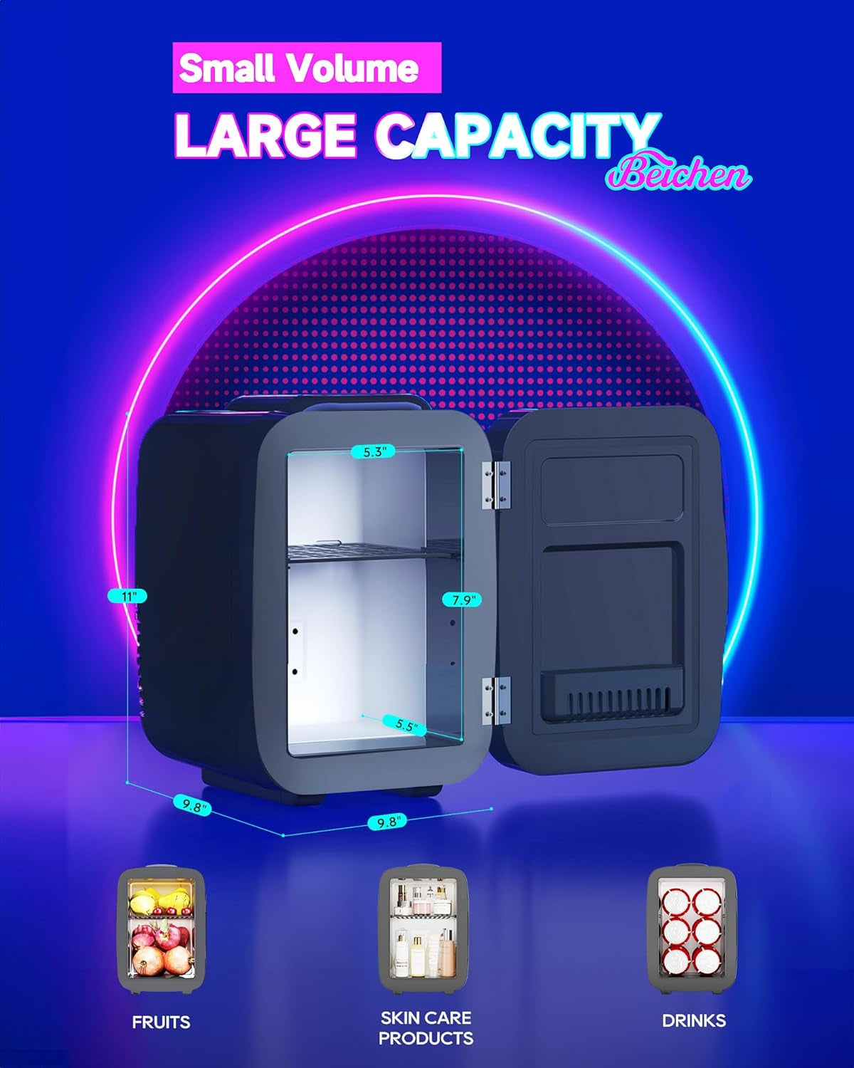 4-Liter Portable Mini Fridge with Dimmable LED Light - Thermoelectric Cooler and Warmer for Bedroom, Office, Gaming Room, and Car (Black)