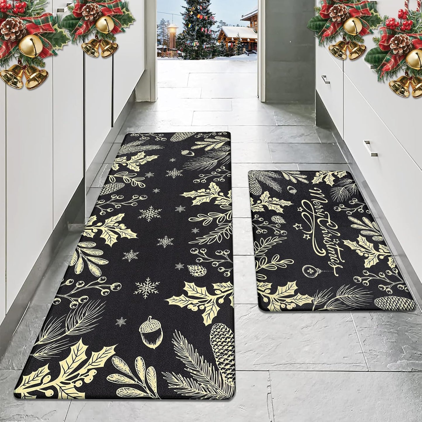 Anti-Fatigue Kitchen Rug Set - 2-Piece Non-Skid Cushioned Floor Mats (17" x 48" & 17" x 28") - Waterproof Runner Mats