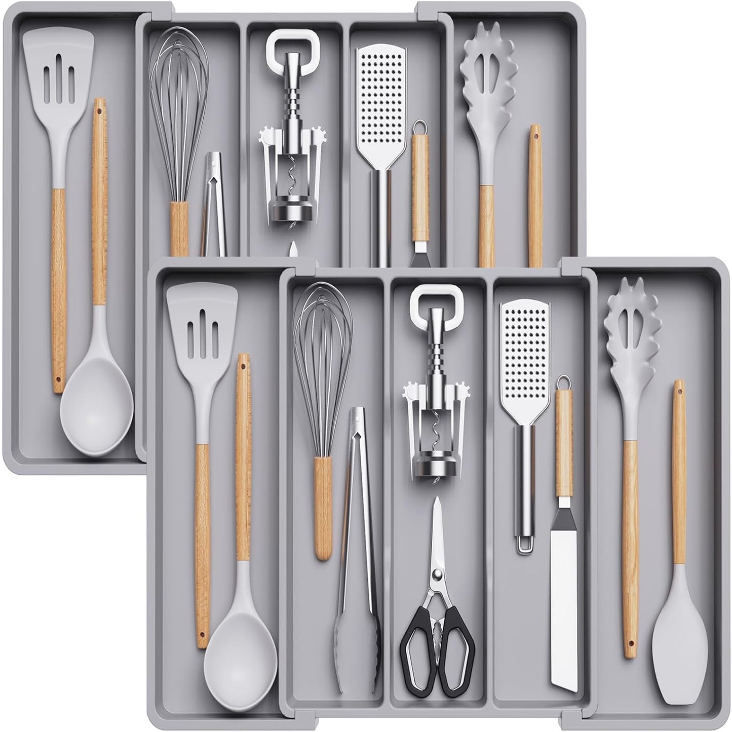 Expandable Kitchen Utensil Organizer Tray - Adjustable Cutlery and Silverware Holder, Large Gray Plastic Storage Divider