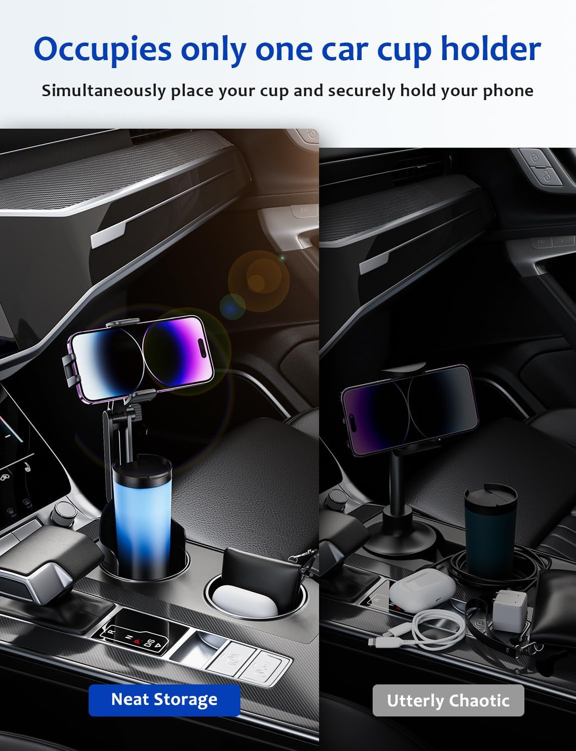 Adjustable 2-in-1 Cup Holder Phone Mount for Car - Universal Cradle for iPhone, Samsung, Google, and All Smartphones (Black)