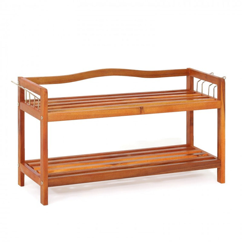 Acacia Wood Shoe Rack with 2-Tier, 3-Tier, and 5-Tier Options and Side Metal Hooks