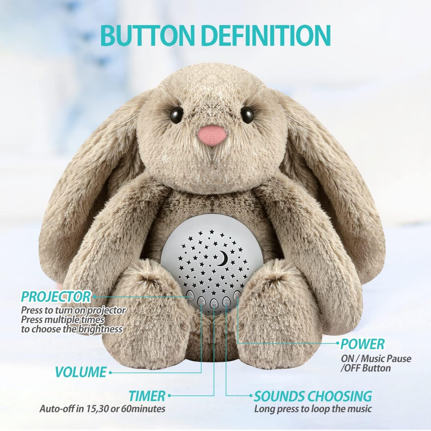 Bedtime Baby Bunny Soother - Starry Projector - Calming Night Light, Lullaby Music, White Noise, Mother's Heartbeat