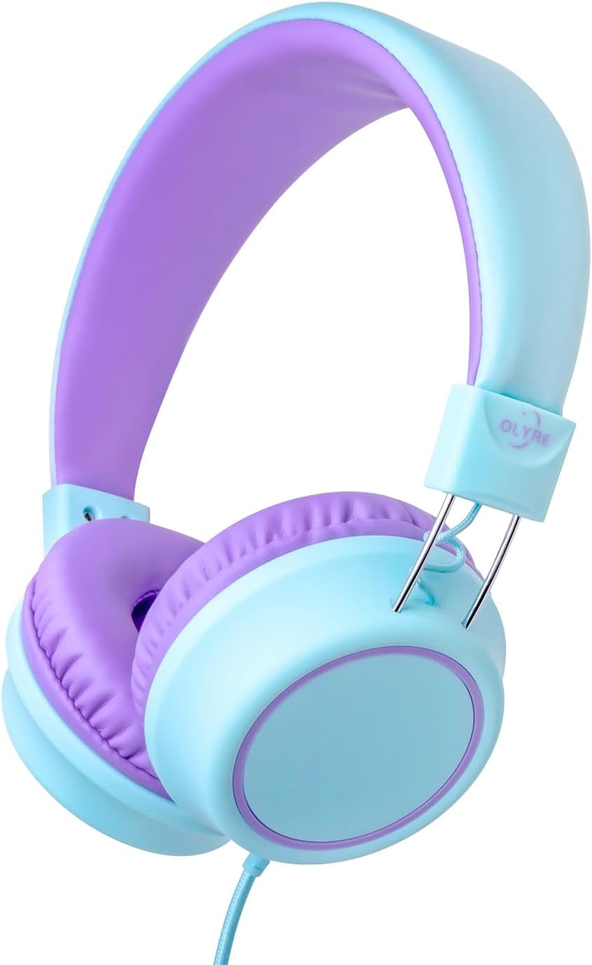 Wired Kids Headphones with Microphone and In-Line Control, Lightweight and Foldable Design for School Use - Compatible with Tablets, Chromebooks, and iPads in Green/Purple