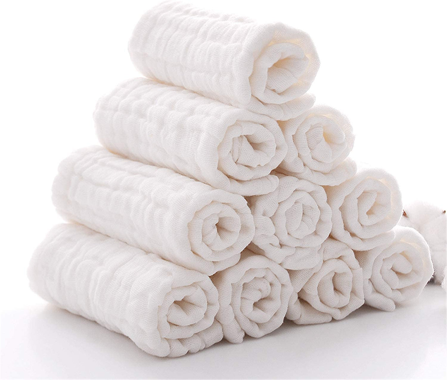 Baby Muslin Washcloths - Natural Muslin Cotton Baby Wipes - Sensitive Skin- 10 Pack 12X12 Inches (White)