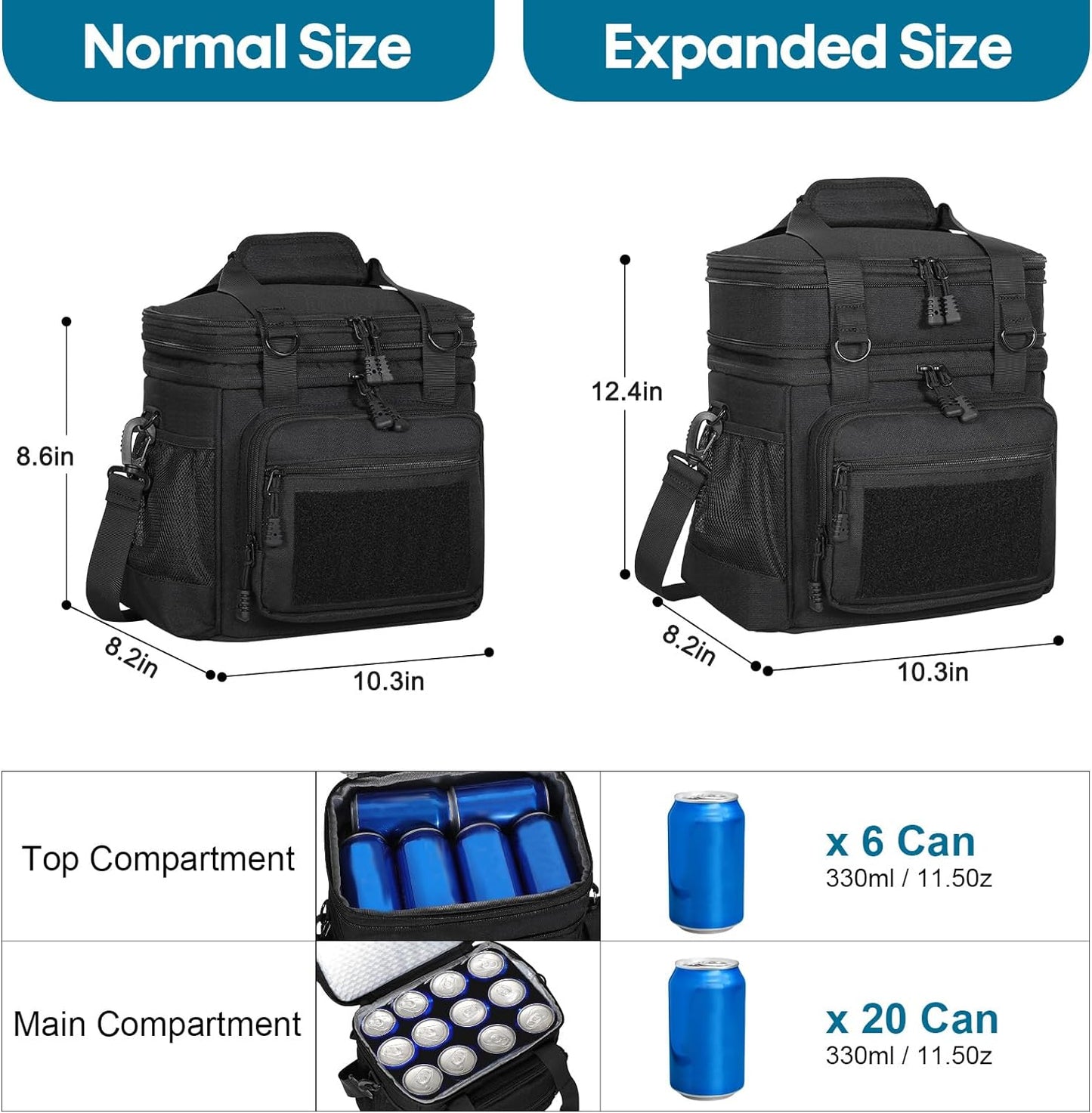 Expandable Tactical Insulated Lunch Box - Double Deck Large Durable Leakproof Cooler Bag for Men and Adults, Black, 16L