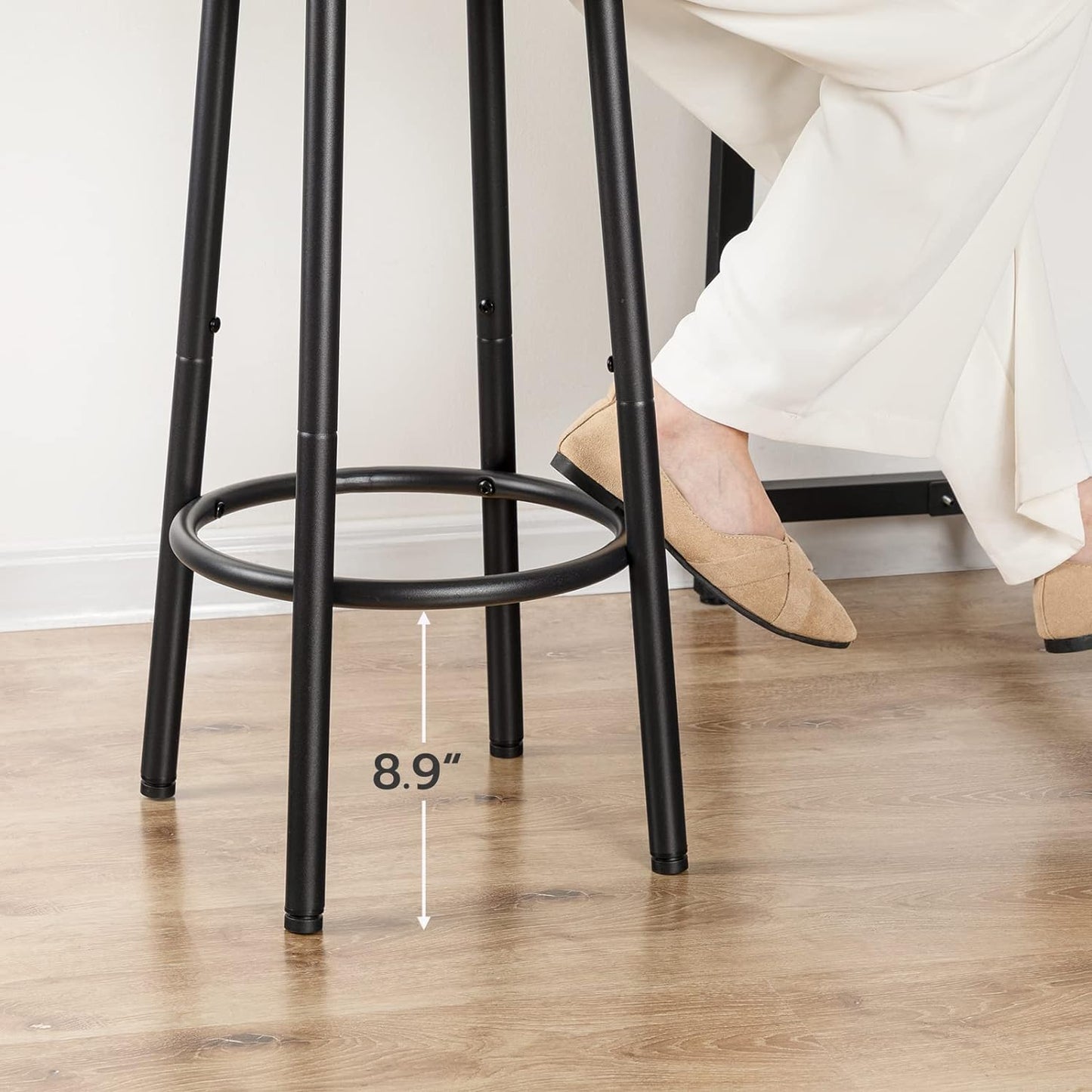 Set of 2 Round Bar Stools with Footrest, Sturdy Steel Frame, Brown Finish