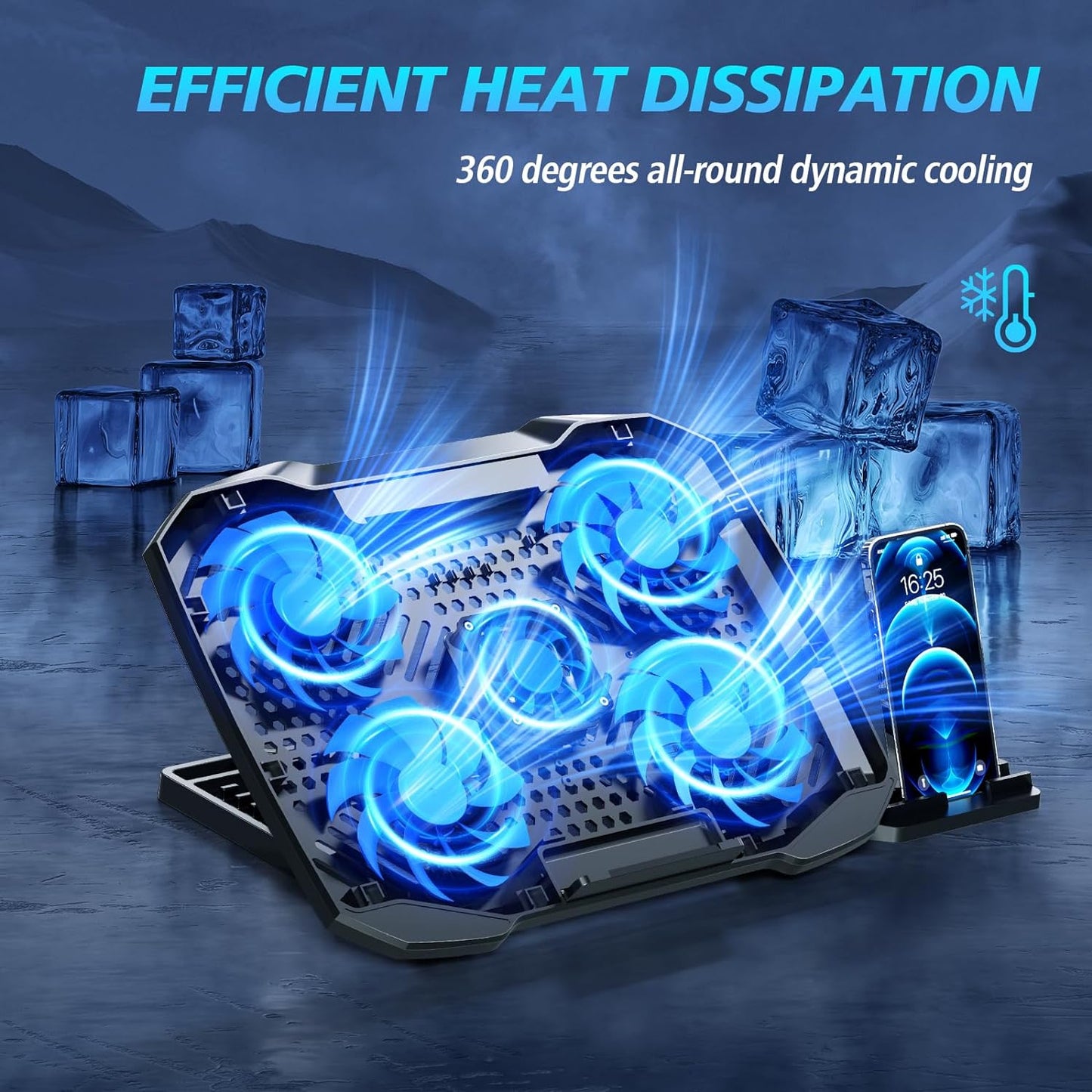Laptop Cooling Pad for Gaming Laptops, Featuring 5 Quiet Fans, Adjustable Height, Dual USB Ports, and Integrated Phone Stand for 12-15.6 Inch Devices