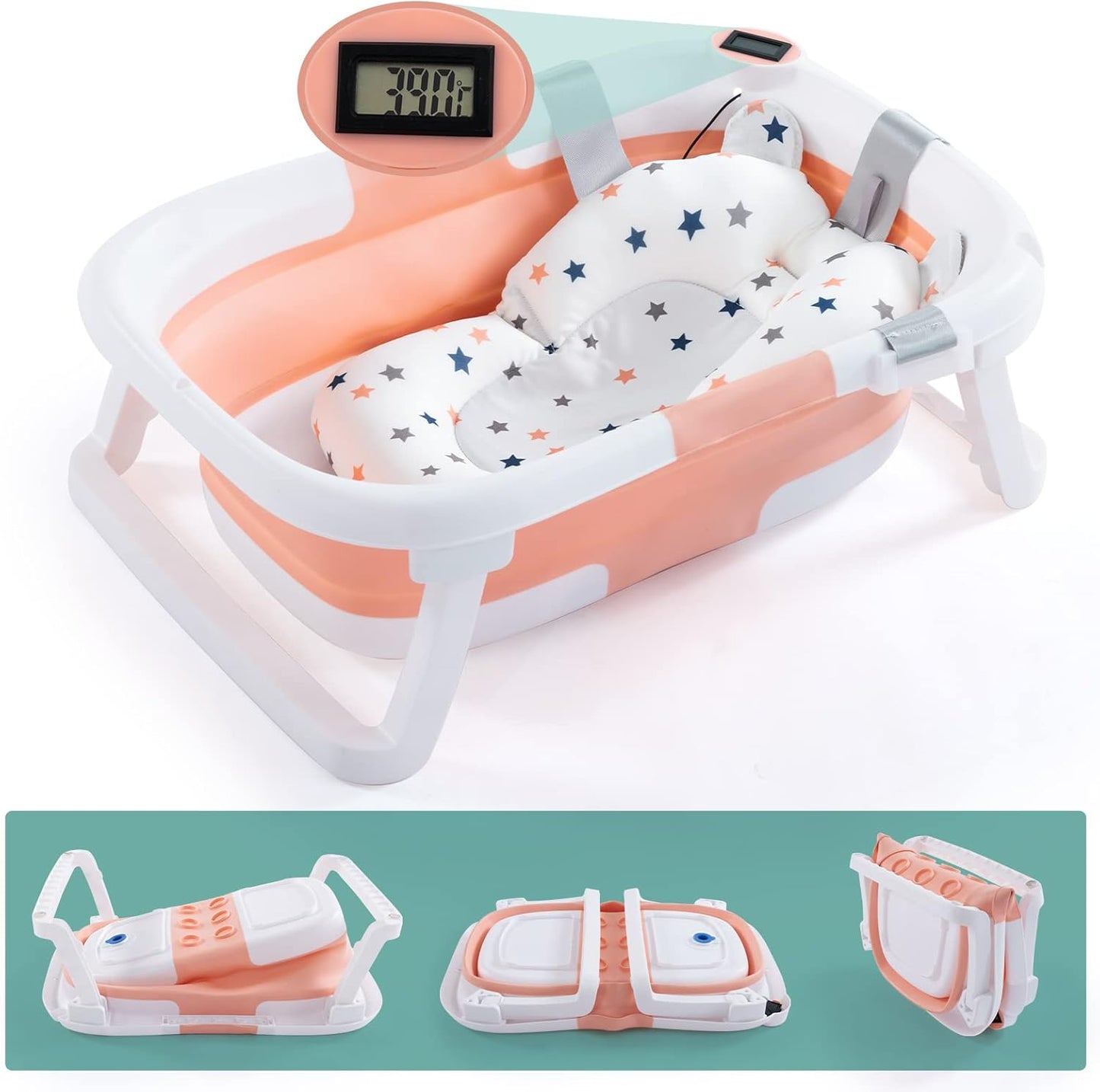 4-in-1 Baby Bathtub -Temperature Sensor, Waterproof Ear Cap, and Soft Cushion, Newborns to Toddlers