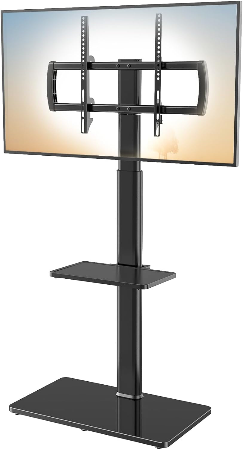 Universal Floor TV Stand with Mount - 80-Degree Swivel, Height Adjustable for 27 to 65 Inch TVs with 2 Shelves