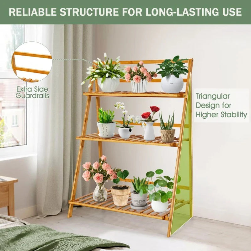 Foldable 3-Tier Bamboo Plant Stand Display Shelf for Balconies