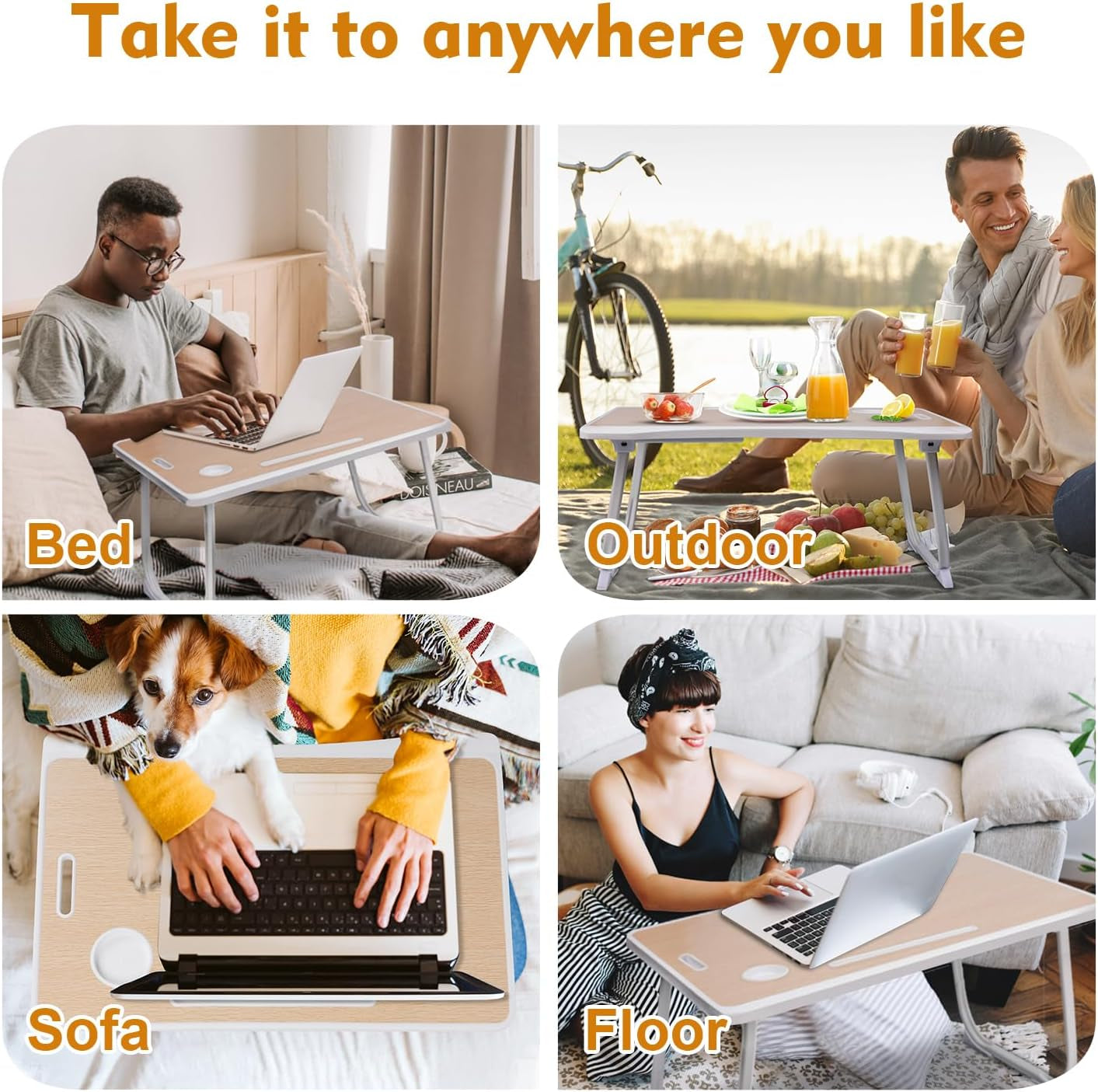 Foldable Portable Laptop Bed Desk Tray with Storage Drawer and Cup Holder for Breakfast and Reading - White Oak