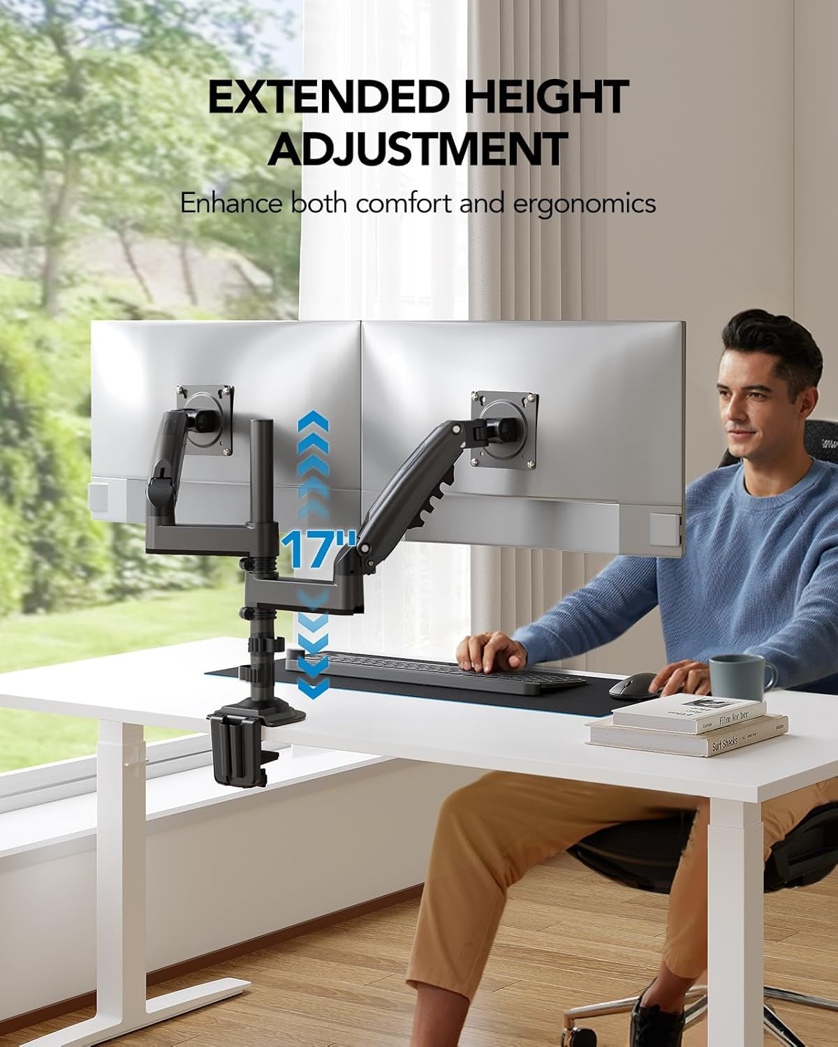 Dual Monitor Stand - Height Adjustable Gas Spring Double Arm Monitor Mount Desk Stand Fit Two 13 to 32 Inch Screens with Clamp, Grommet Mounting Base, Each Arm Hold up to 20Lbs