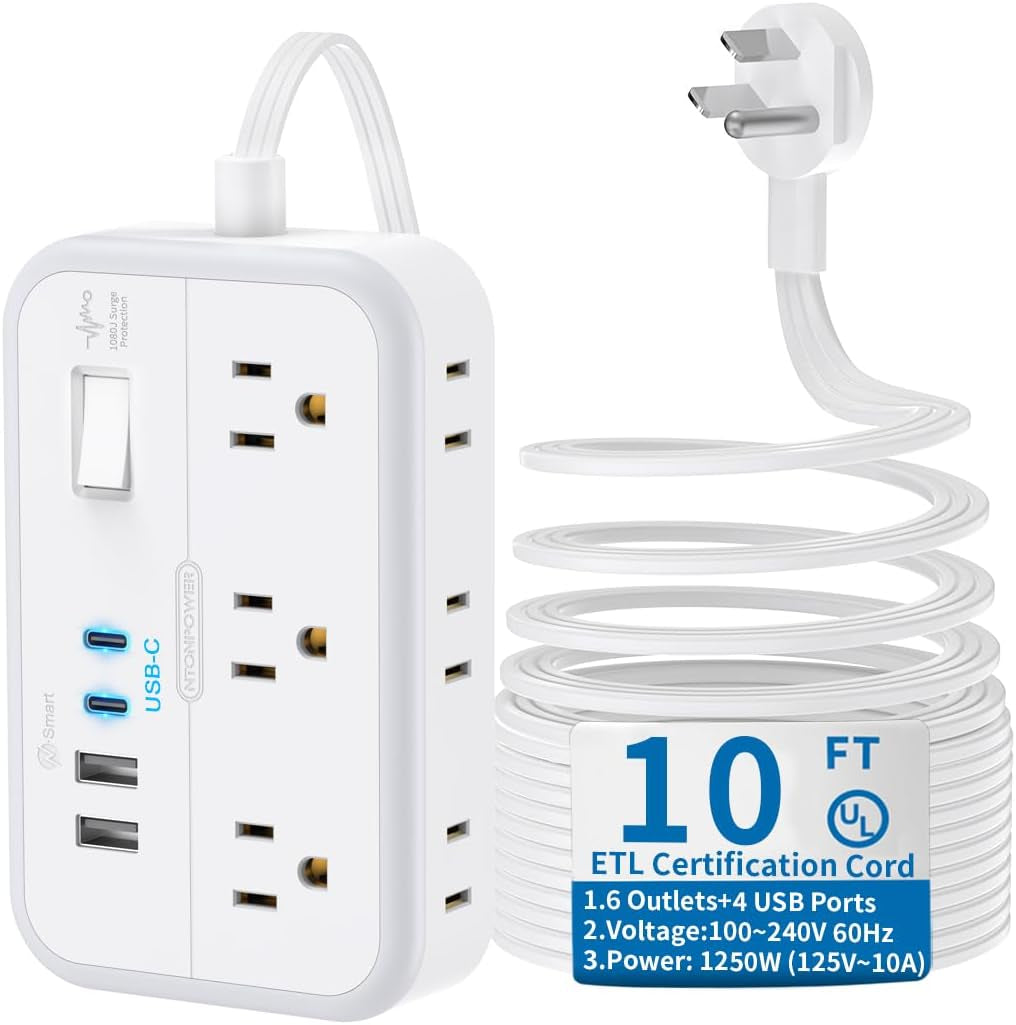Flat Plug Surge Protector Power Strip - 6 Outlets and 4 USB Ports (2 USB-C), 5 Ft Flat Extension Cord for Home, Office, Dorm Room Use