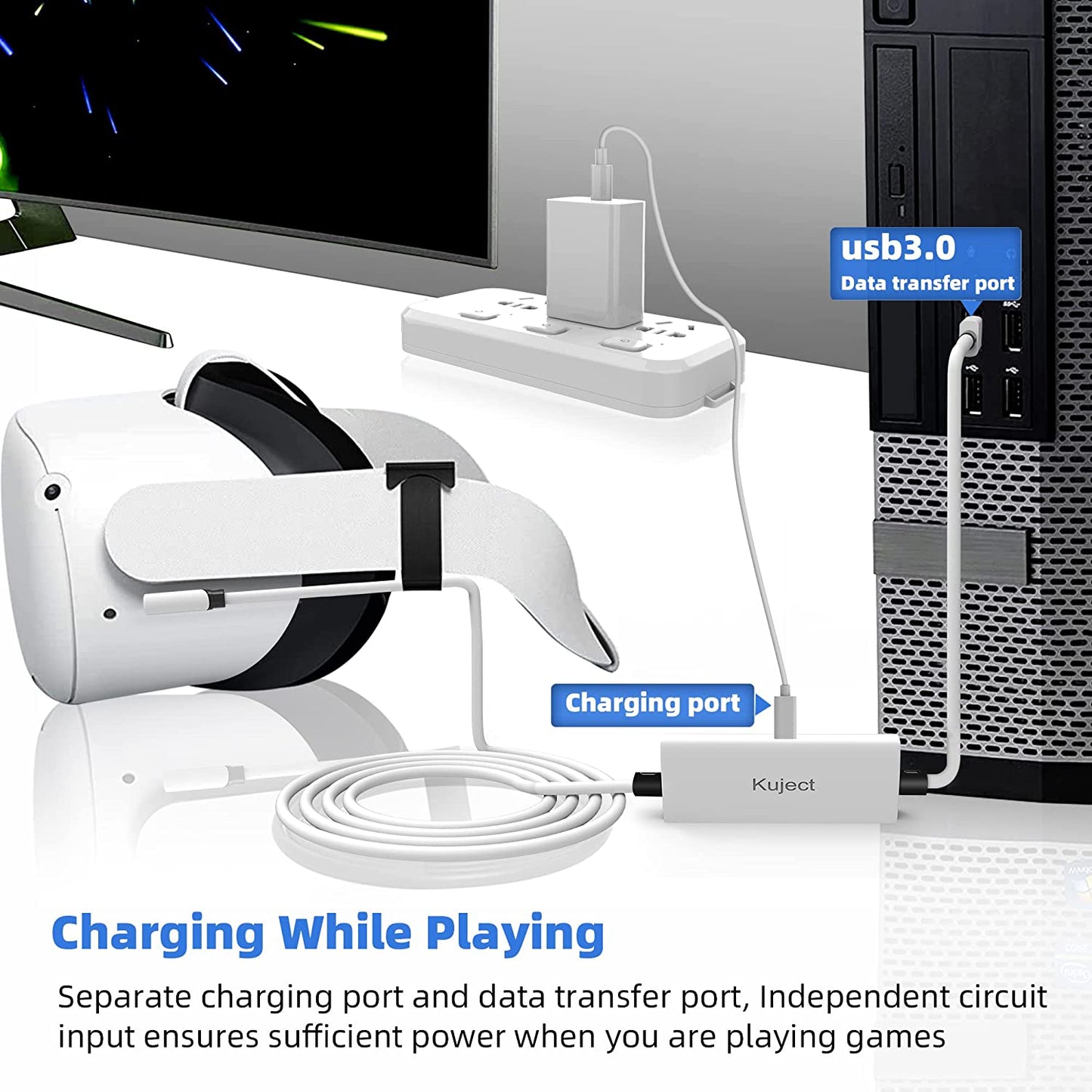 16FT Oculus Quest 2 Link Cable with Separate Charging Port, USB 3.0 Type A to C, Ultra-Durable Design for VR Headset and Gaming PC - White