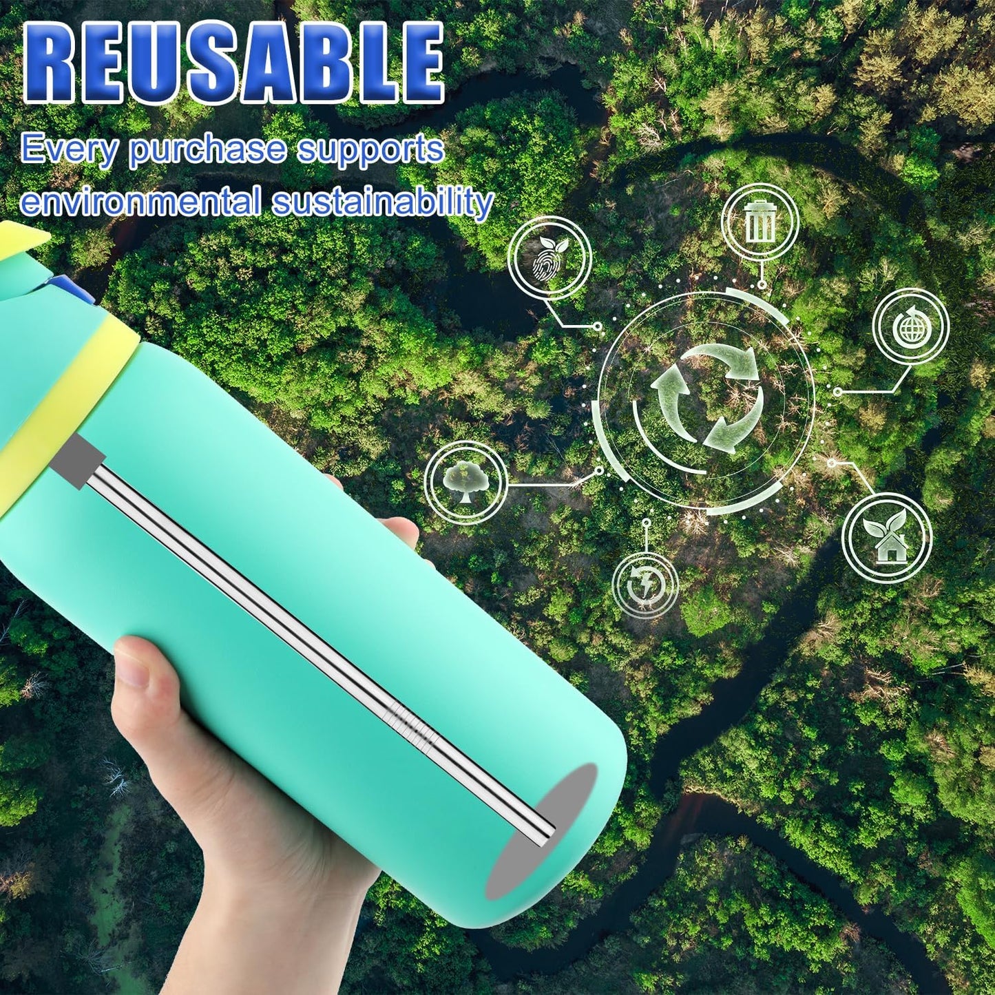 4-Pack Stainless Steel Straw Set - Water Bottles, Includes 2 Cleaning Brushes, Compatible- 24 oz, 32 oz Models