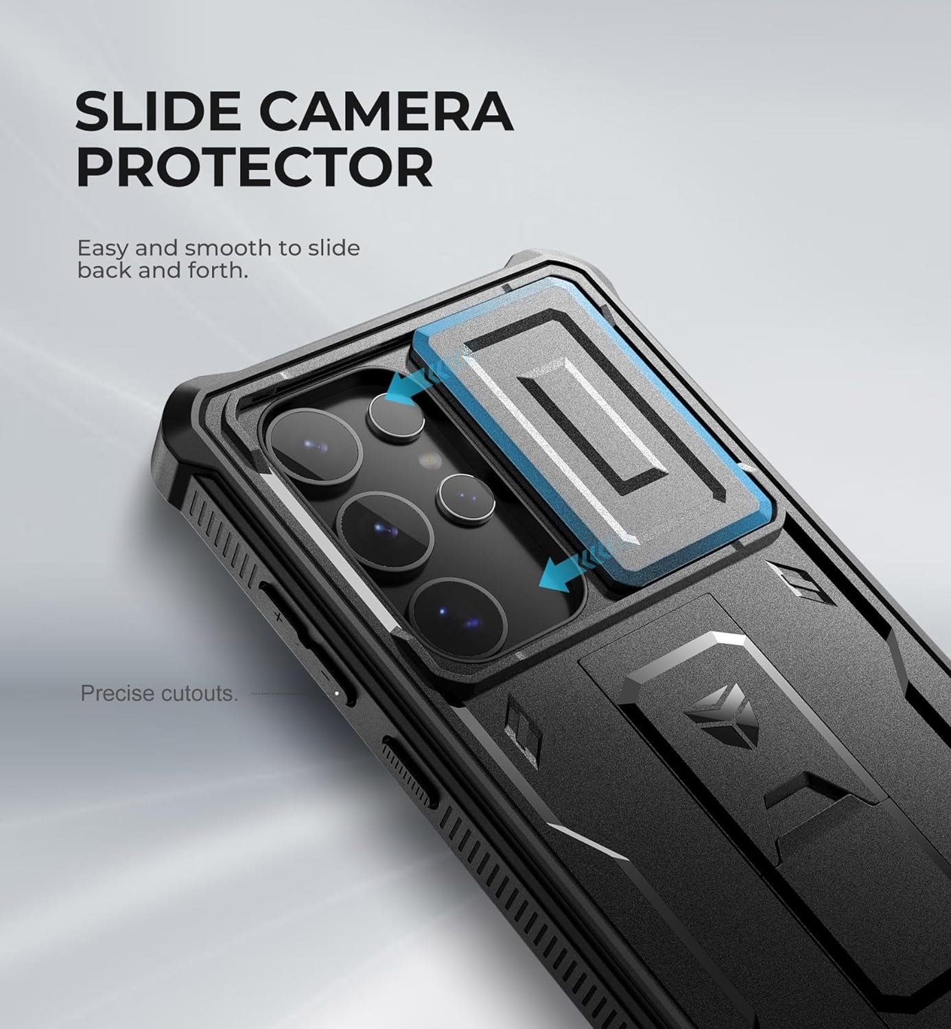Samsung Galaxy S24 Ultra Heavy-Duty Rugged Case with Built-In Slide Camera Cover, Screen Protector, and Kickstand - Black