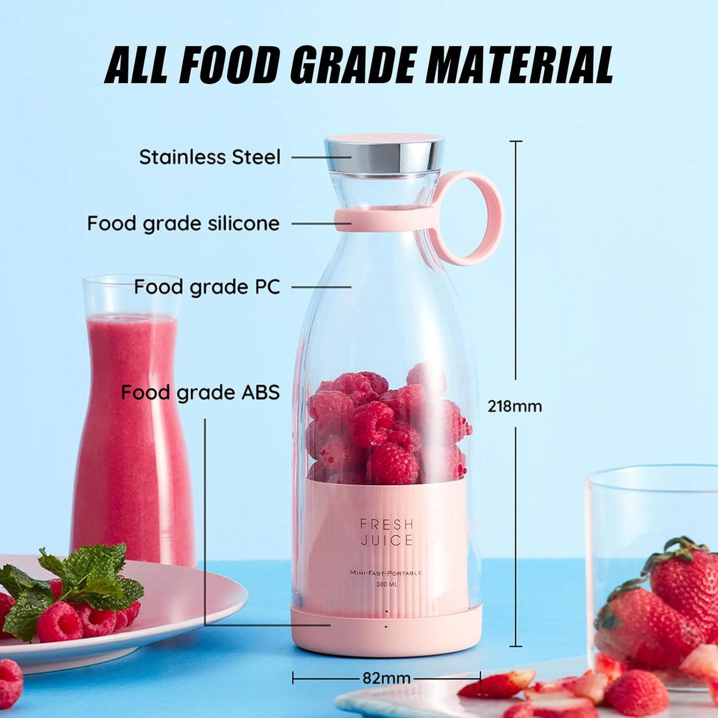 Mini Portable Cordless Blender, 12 Fl Oz, Food Grade Material, Magnetic Charging, Waterproof (Clear/Pink)