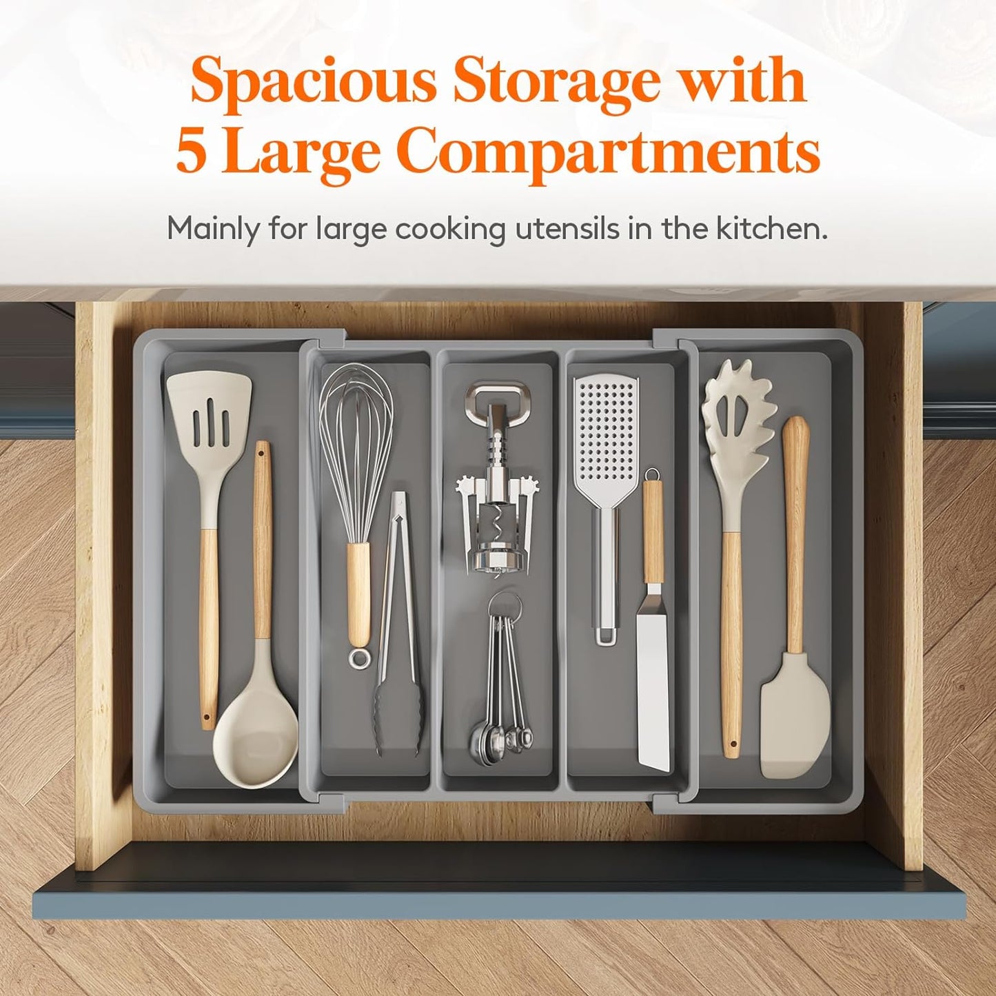 Expandable Kitchen Utensil Organizer Tray - Adjustable Cutlery and Silverware Holder, Large Gray Plastic Storage Divider
