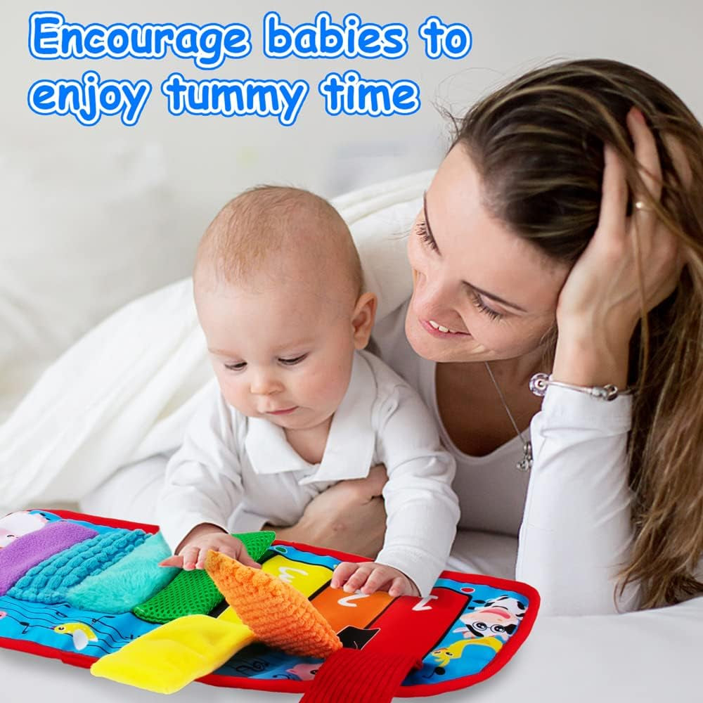 Tummy Time Mirror Toy Activity Circle Mat - High Contrast Black - White Developmental Play Set, Infants 0-6 Months, Sensory Textures, Squeaker Piano