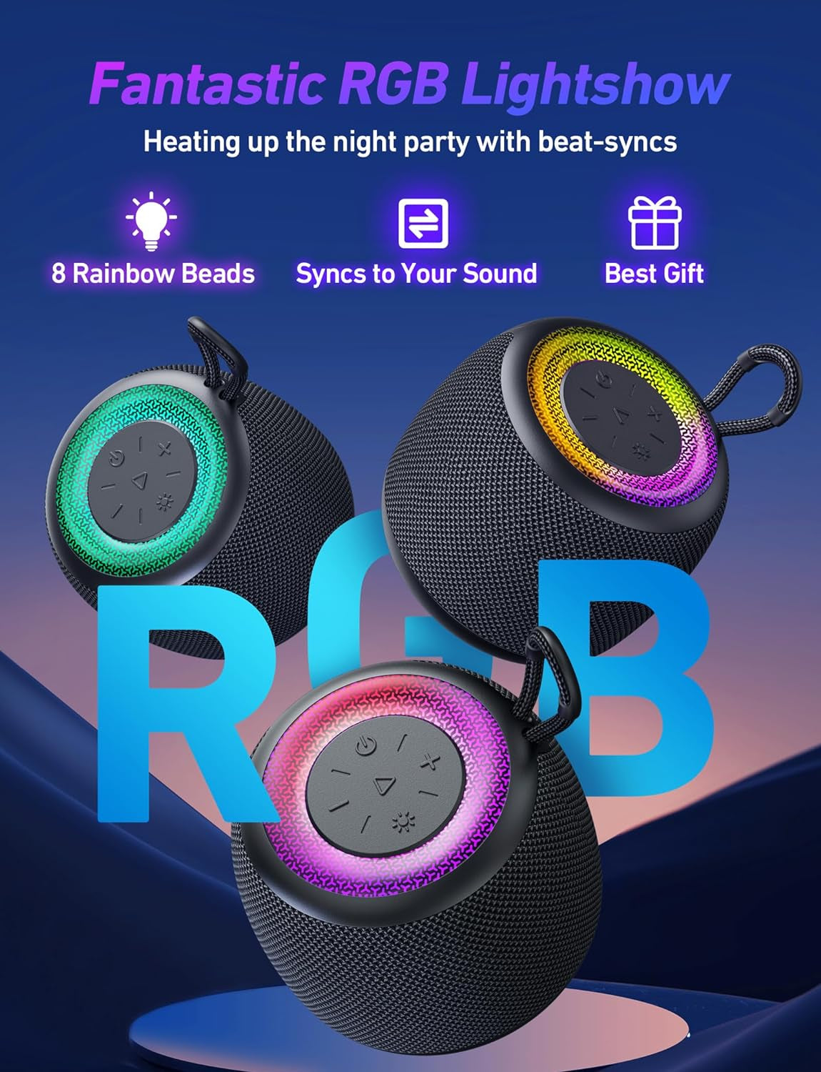 Bluetooth Speaker with IPX5 Waterproof Rating, Bluetooth 5.3, RGB Lighting, Stereo Sound and Enhanced Bass