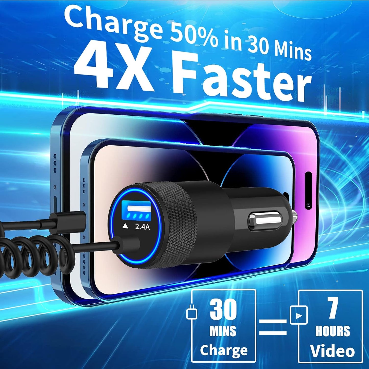 Apple MFi Certified Fast Charging Car Charger with 4.8A Output and 6FT Coiled Lightning Cable