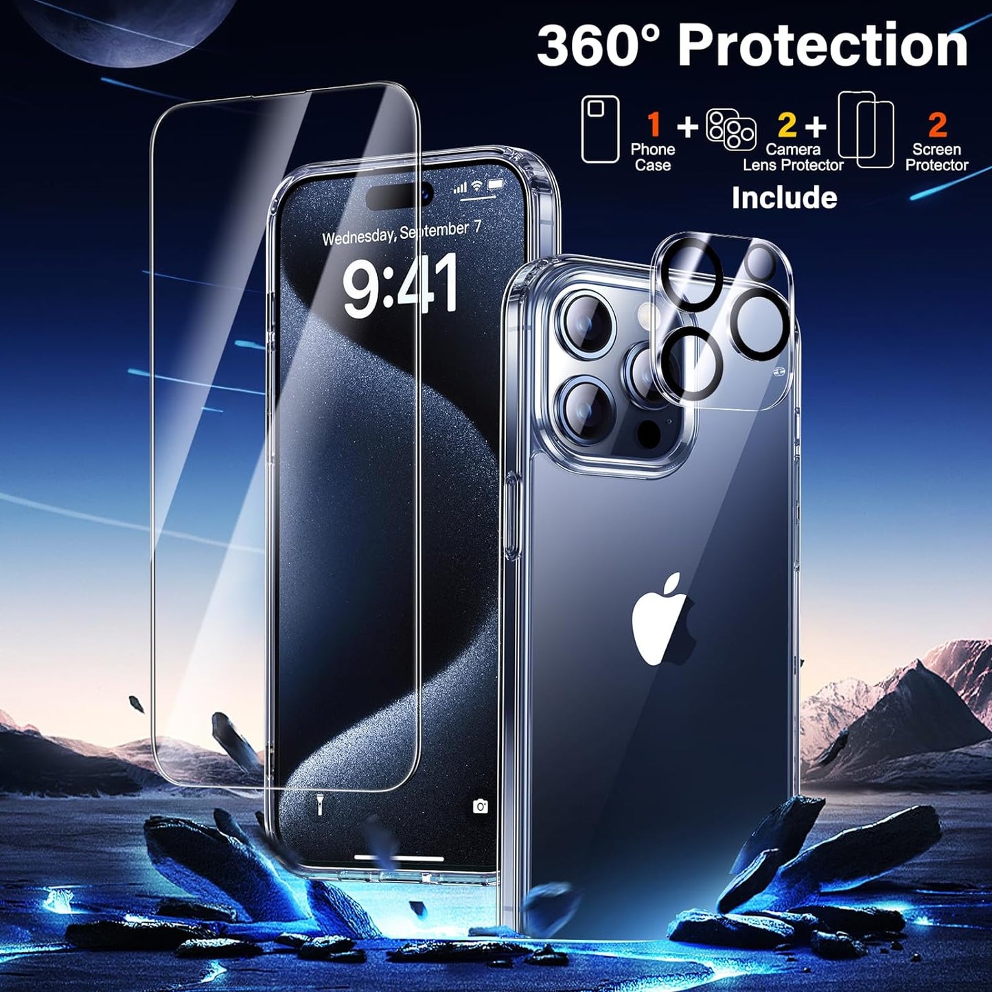 5-in-1 Case for iPhone 15 Pro Max - 2 Tempered Glass Screen Protectors - 2 Camera Lens Protectors, Shockproof, Anti-Scratch - Clear