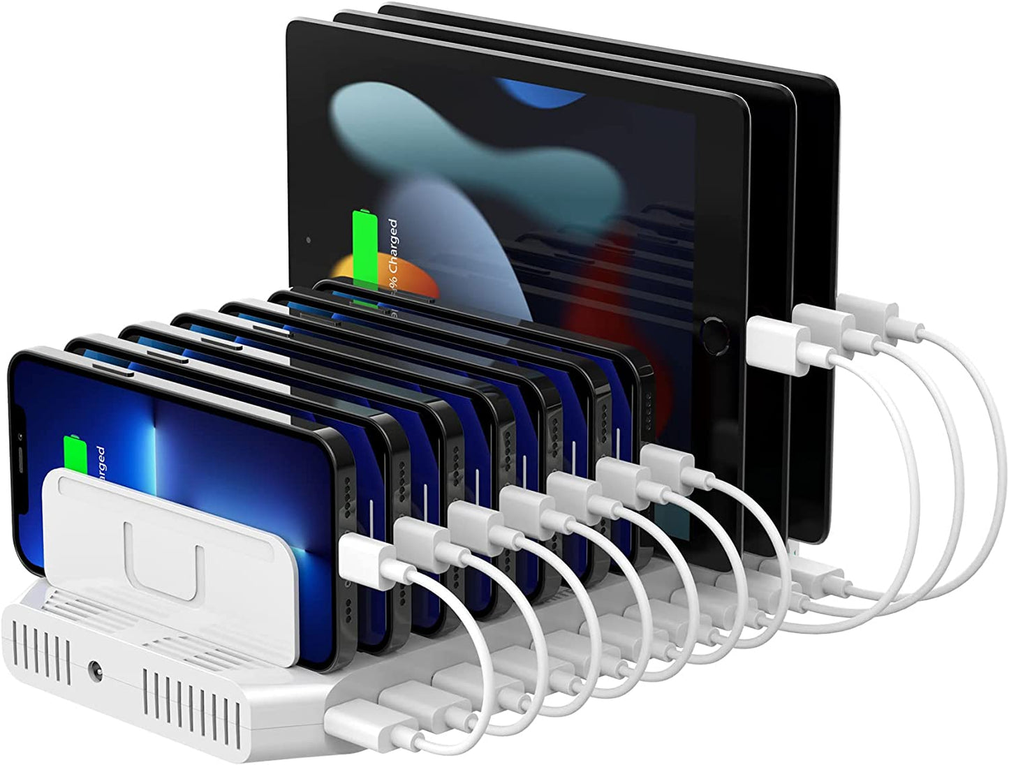 10-Port USB Charging Station with Smartic Technology and Adjustable Dividers for iPad, Tablet, Kindle, and iPhone