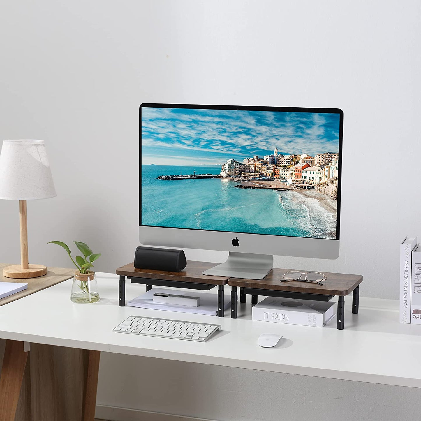 Height Adjustable Monitor Stand with Storage Drawer - Ergonomic Wood Desk Organizer for Office and Home