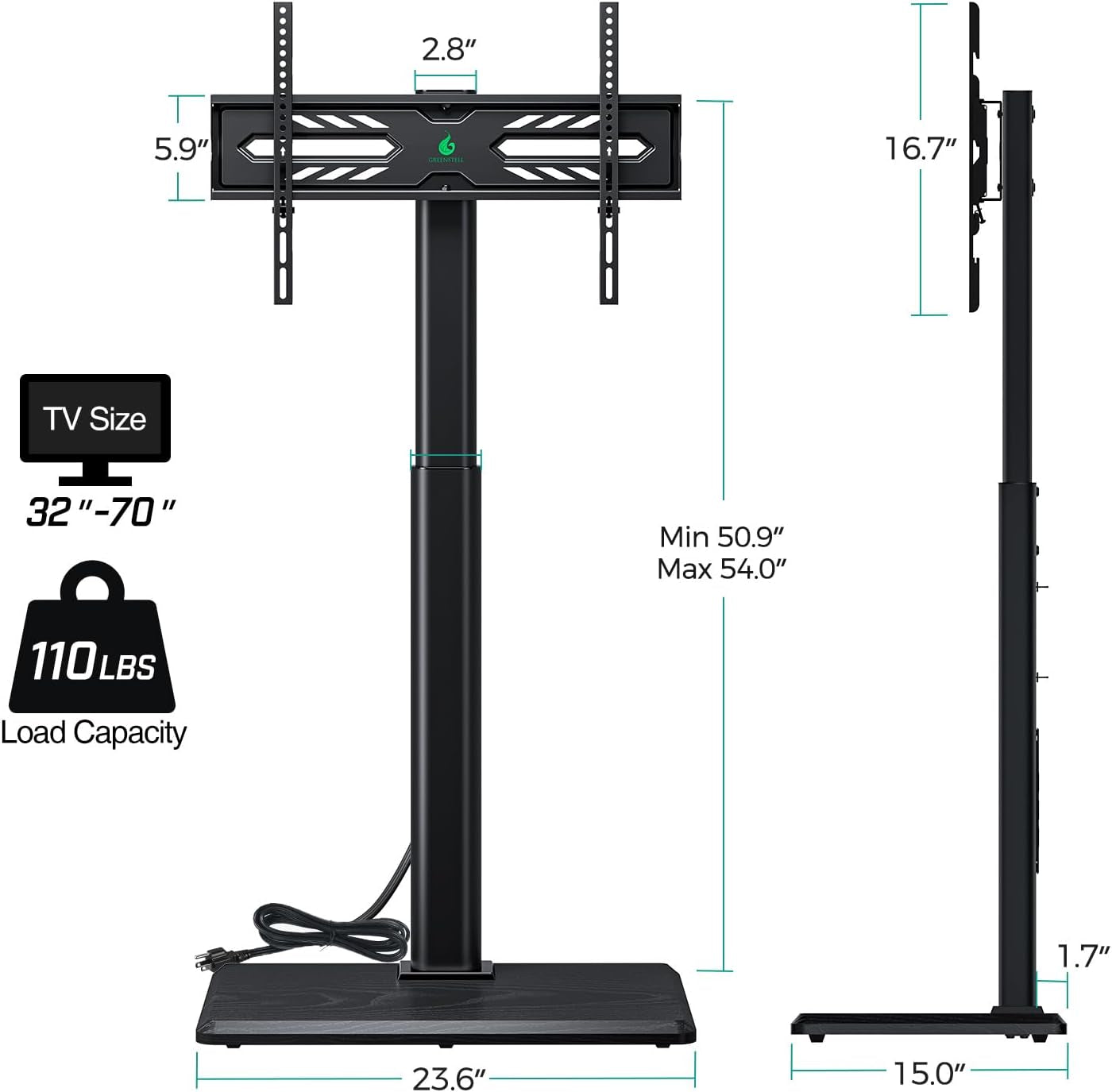 Height Adjustable Swivel TV Stand - Power Outlet for 32-70 Inch TVs, Wood Base, Supports up to 110 lbs, VESA 600x400mm, Black