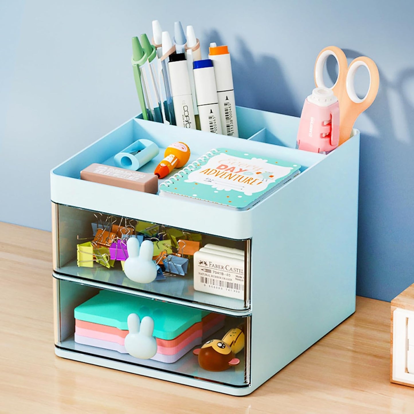 4-Section Drawer Organizer with Dual Pen Holders for Desktop Storage - Versatile Plastic Makeup and Desk Organizer for Home, School, and Office Supplies (White)