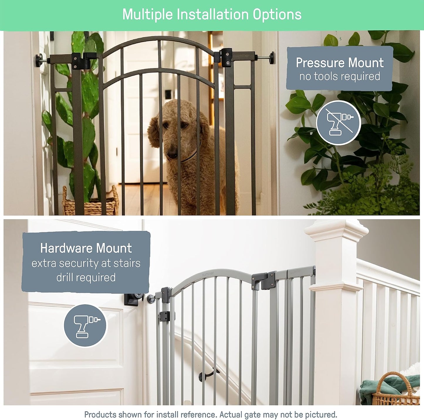 Contemporary Baby and Pet Safety Gate - Adjustable 28-42” Width, Gray Metal, Plastic, 30” Tall Walk-Through Design