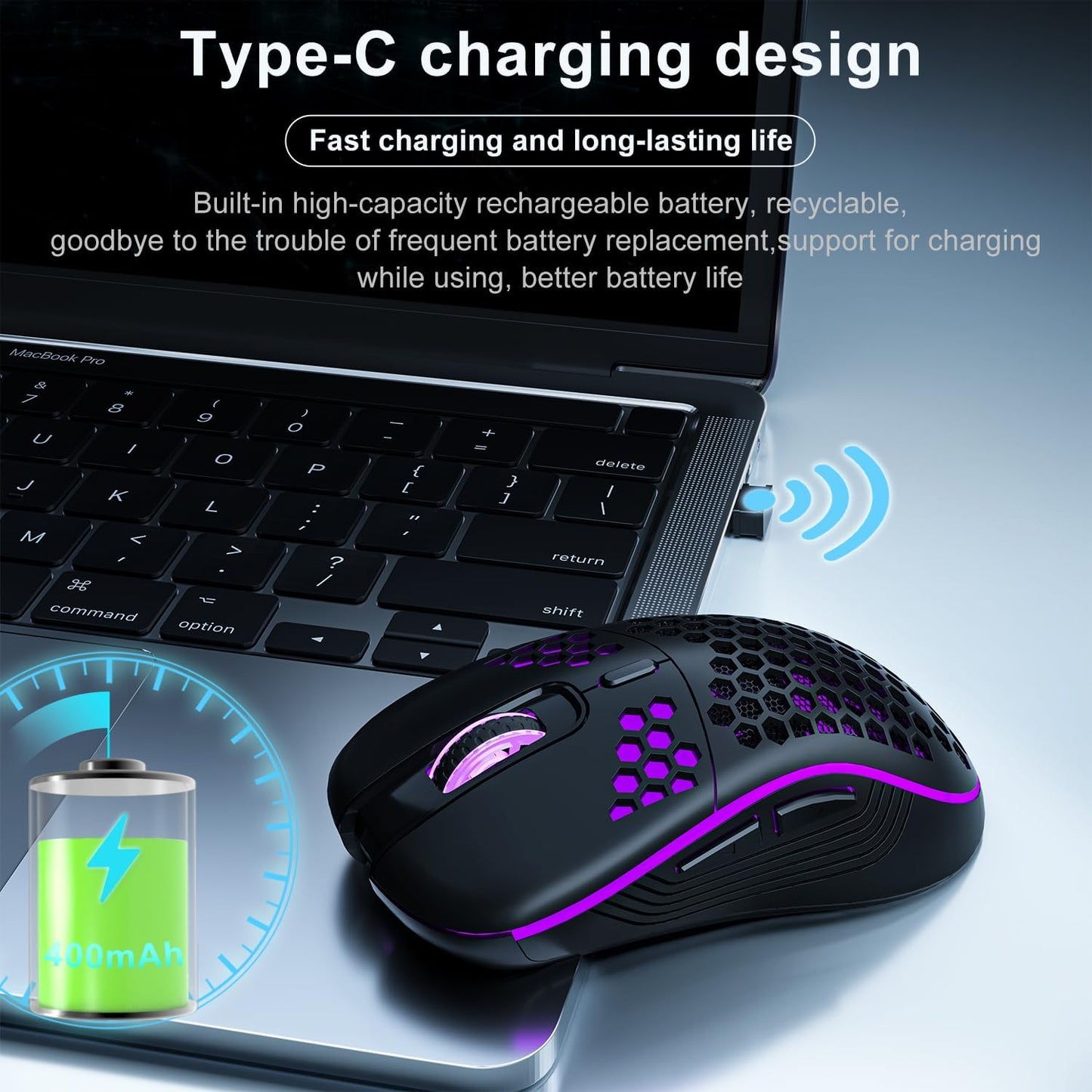 Wireless Ergonomic Gaming Mouse - Honeycomb Design, Rechargeable RGB Backlight, 2.4GHz USB Cordless Connectivity