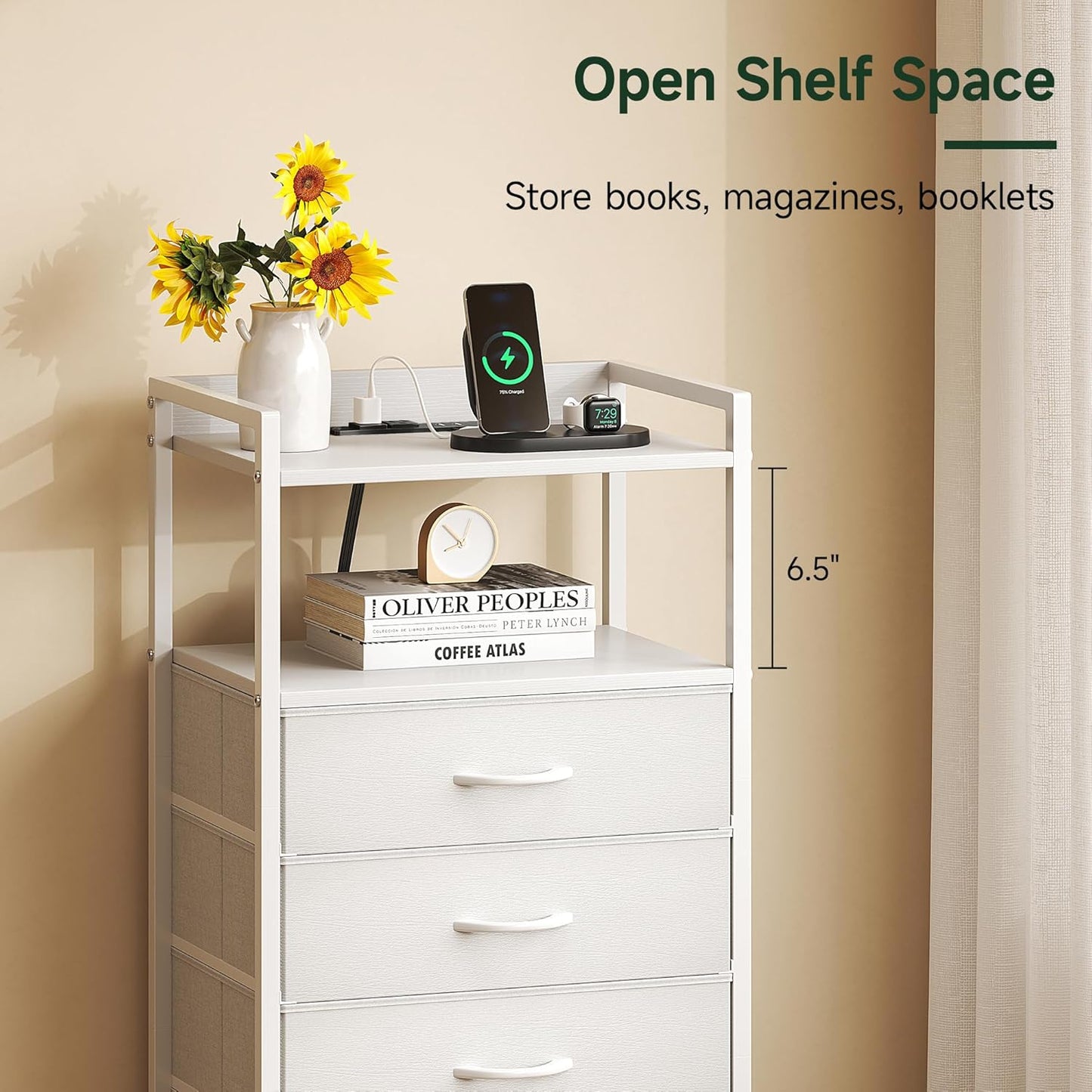 Elegant White Nightstands - 5 Storage Drawers, Tall Bedroom Dresser, LED Light Charging Station, Shelf Side Table, Metal Frame