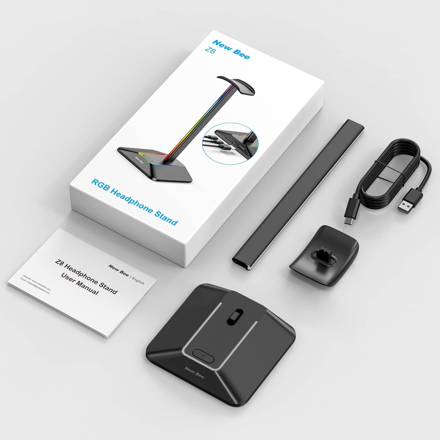 RGB Headphone Stand with Dual USB Charging Ports and 7 Lighting Modes for Gaming Headsets and Earphone Accessories